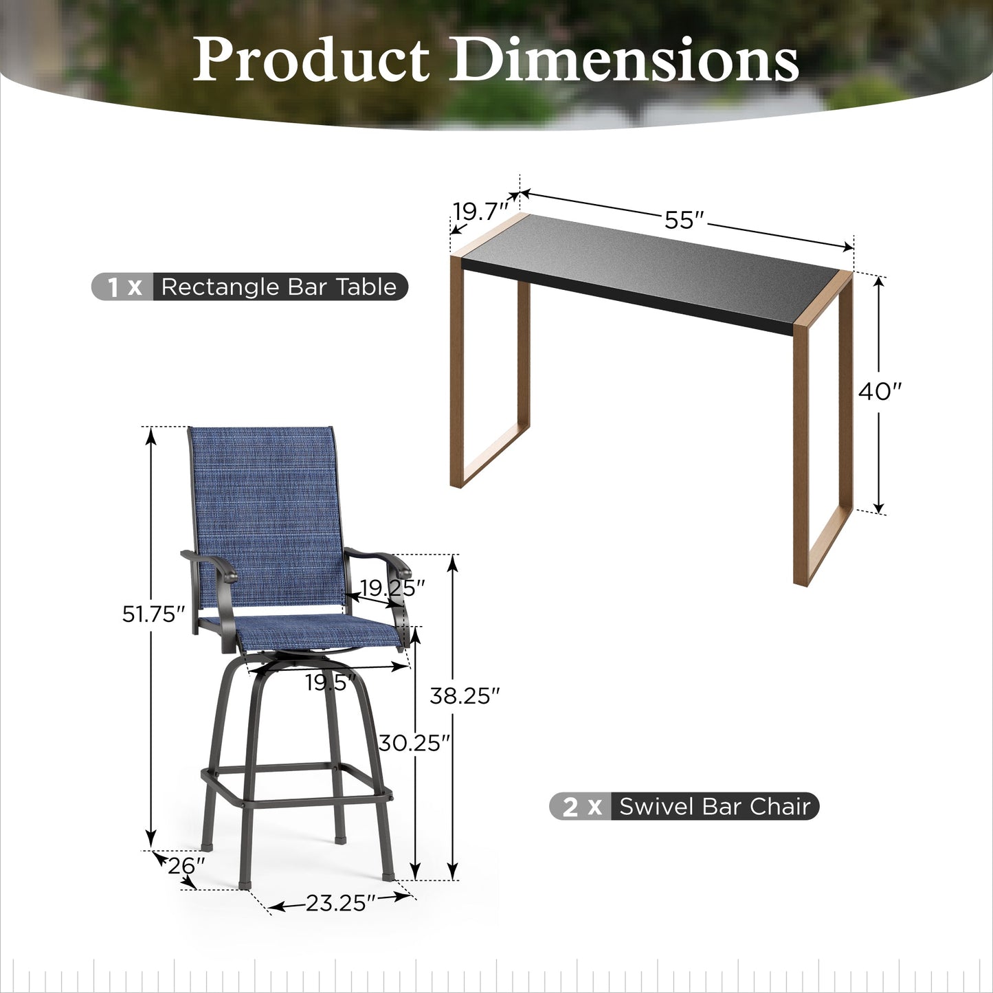 Sophia & William 3PCS Patio Outdoor Bar Set Txtilene Bar Height Swivel Stools & Table Furniture Bistro Set, Navy Blue