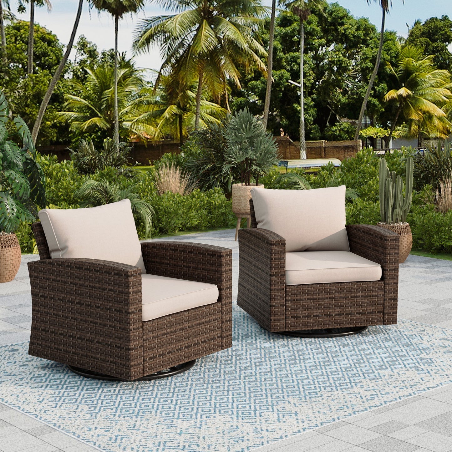 Sophia & William Wicker Patio Swivel Chairs Set of 2 With Beige Cushions