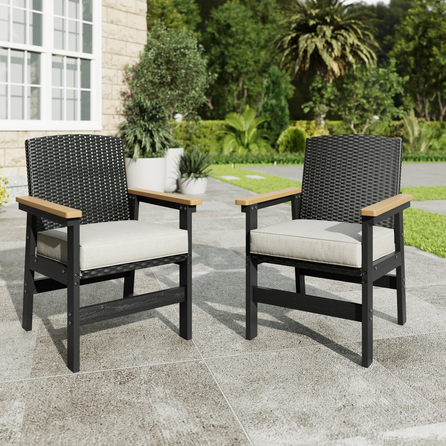 Sophia&William Patio Outdoor Dining Chairs HDPE Chair Furniture Set with Wicker Rattan Back & 4.7" Cushions, Set of 2