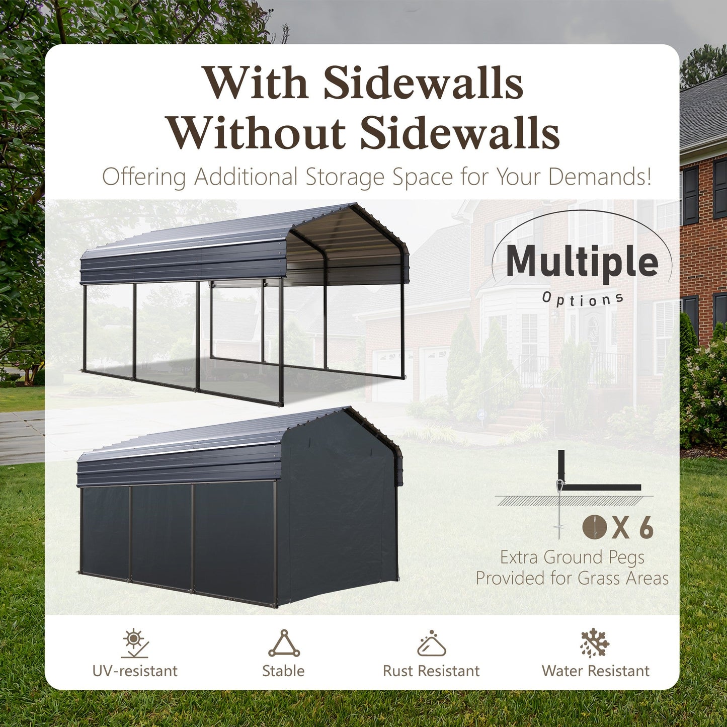 Alpha Joy 10' x 15' Heavy Duty Galvanized Steel Carport with Side Walls Multi-Purpose Shelter