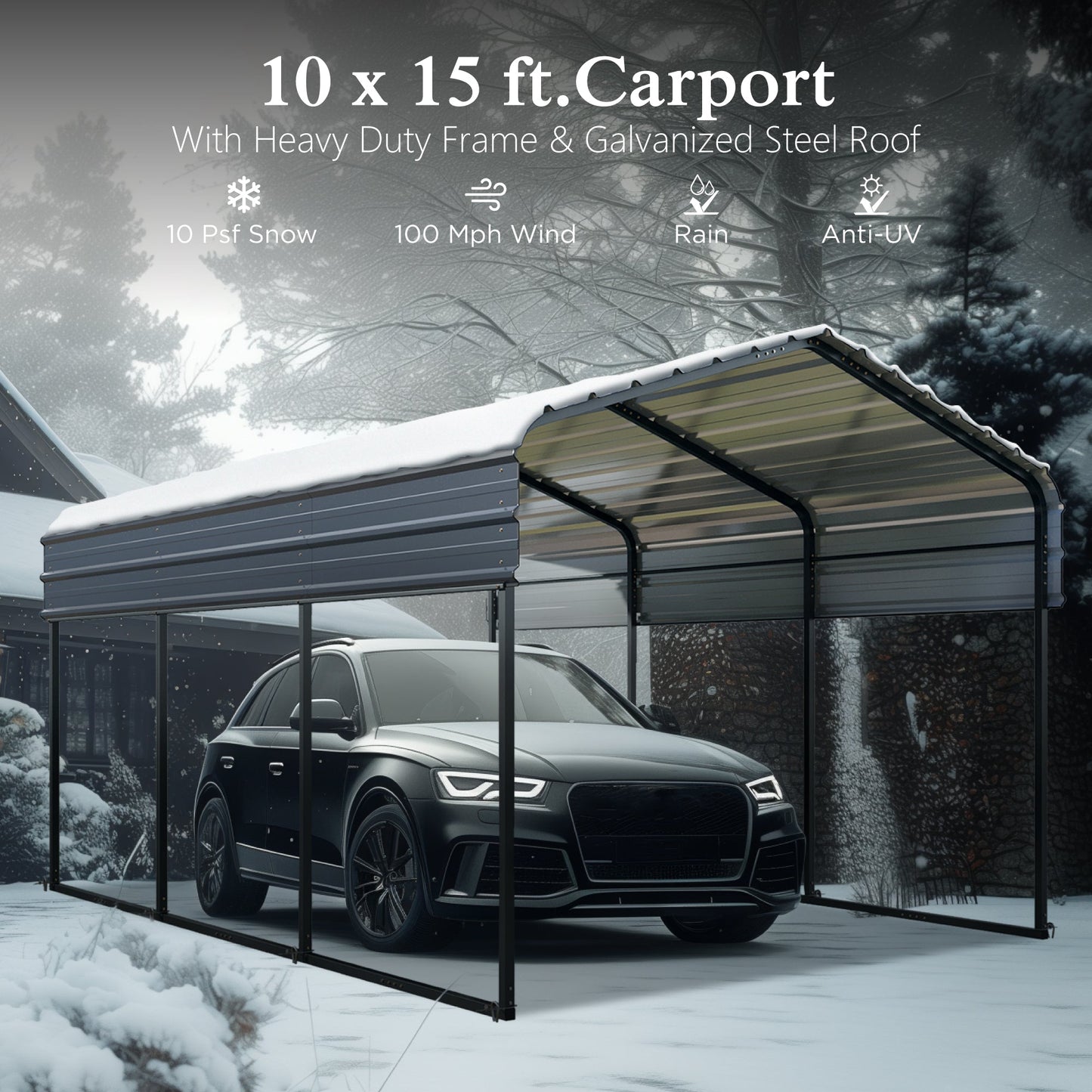 Alpha Joy 10' x 15' Heavy Duty Carport with Galvanized Steel Roof Multi-Purpose Shelter