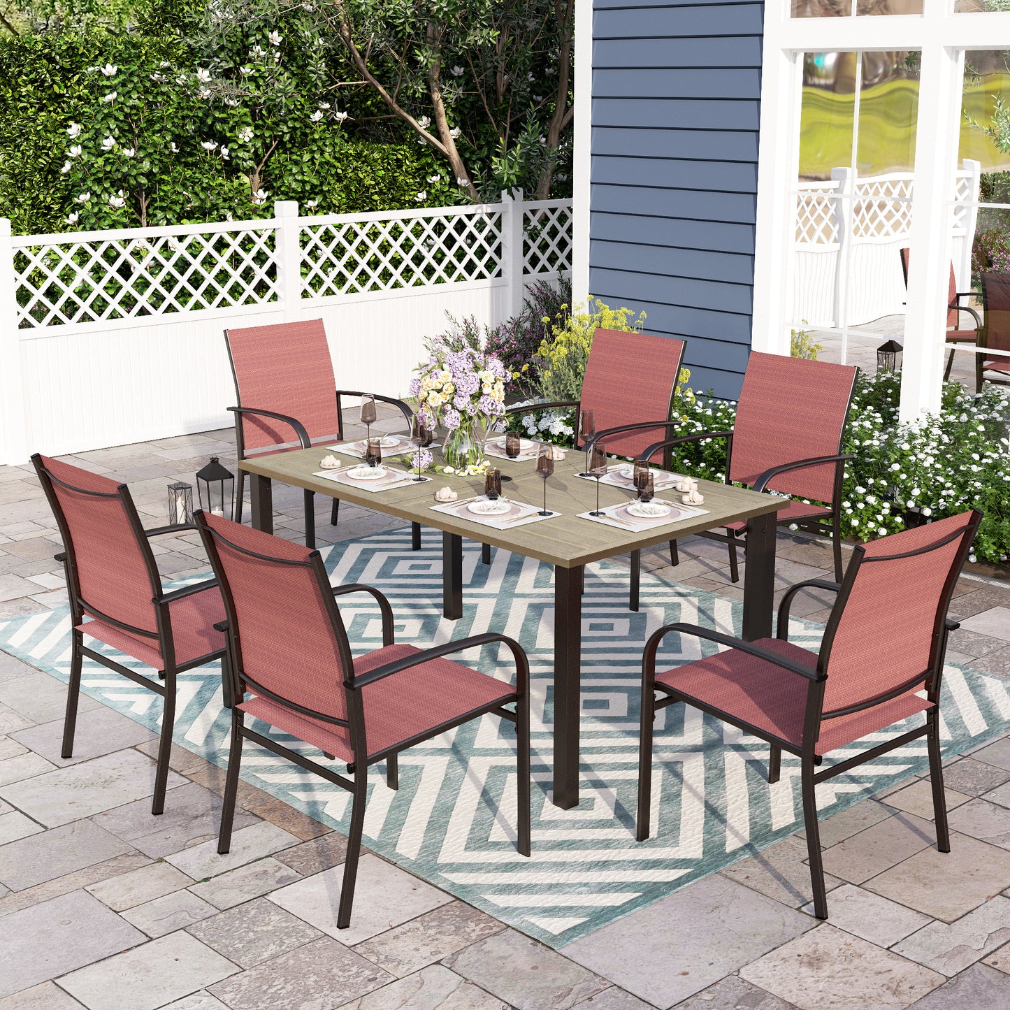 Sophia & William 7 Piece Patio Dining Set 60" Teak Dining Table and 6 Red Textilene Chairs