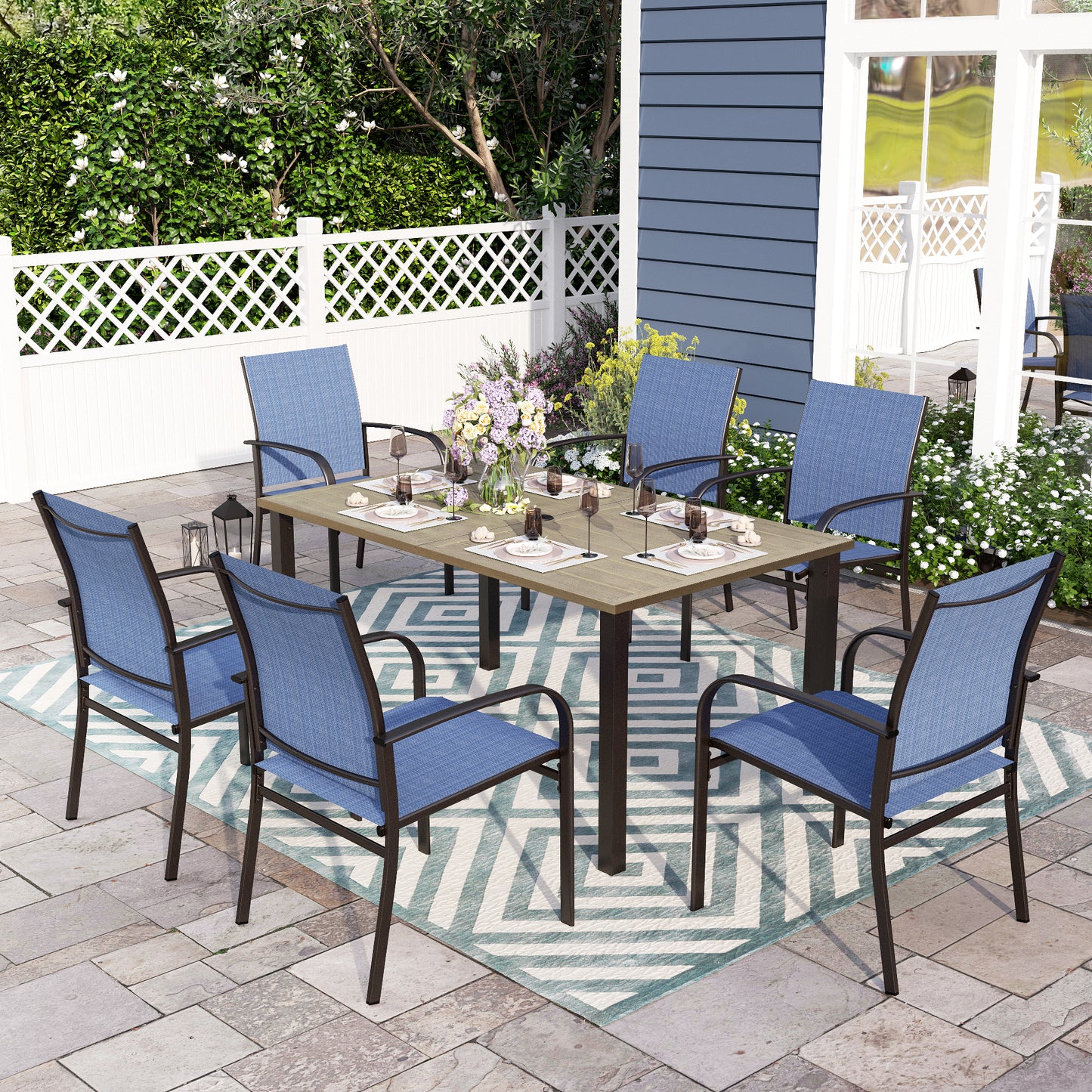Sophia & William 7 Piece Patio Dining Set 60" Teak Dining Table and 6 Blue Textilene Chairs