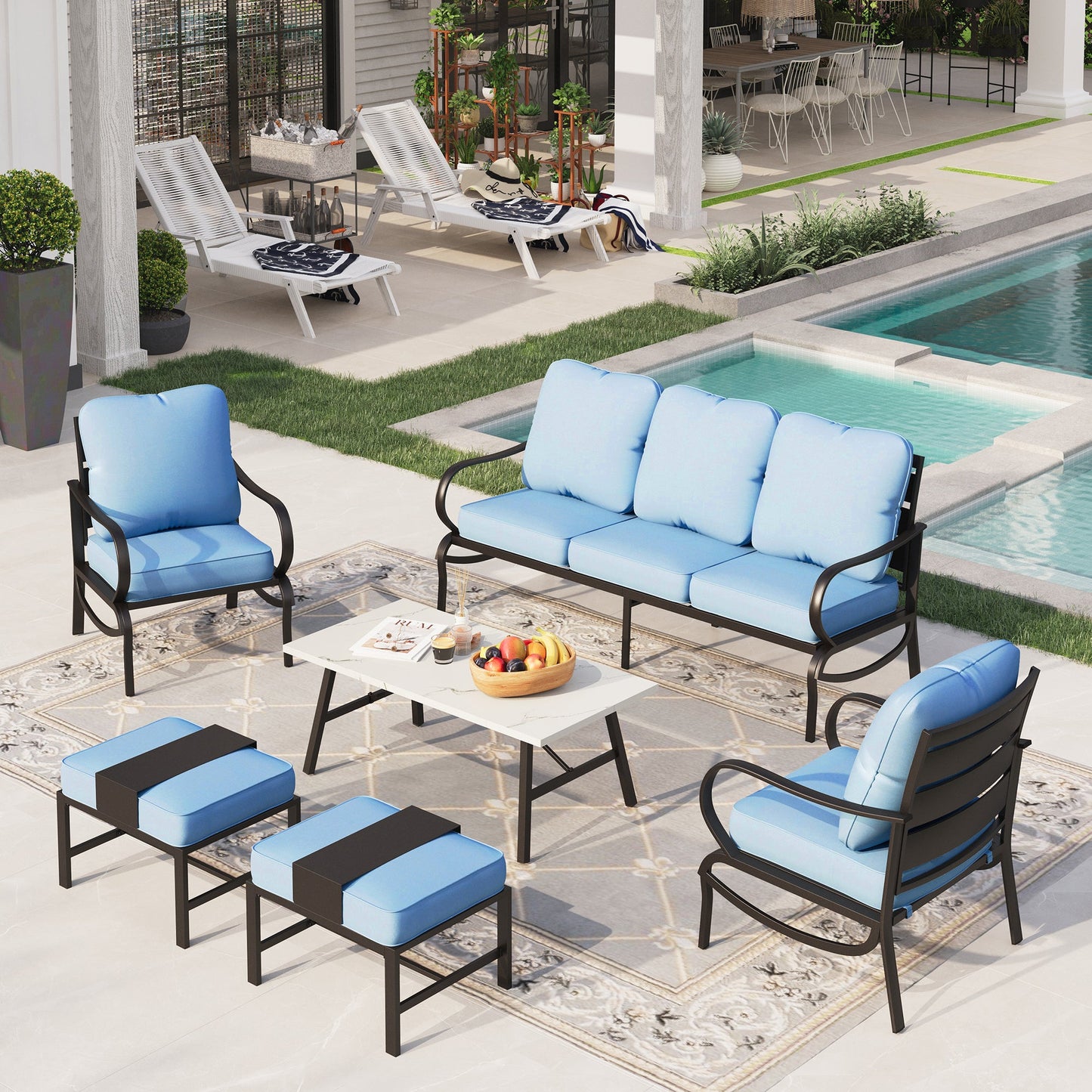 Sophia&William 6 Piece Patio Conversation Set Outdoor Table and Rocking Chairs Furniture Set with Ottomans, Blue