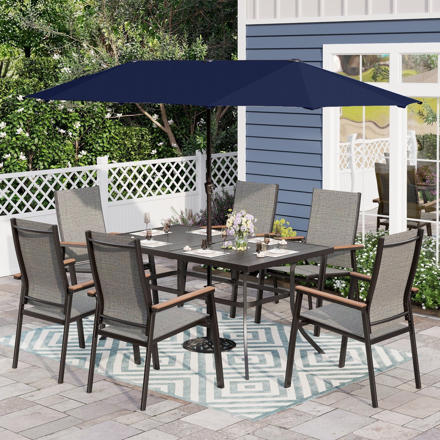 Alpha Joy 8-Piece Outdoor Patio Dining Set with 13 ft Navy Blue Umbrella, Aluminum Textilene Chairs & Metal Table for 6