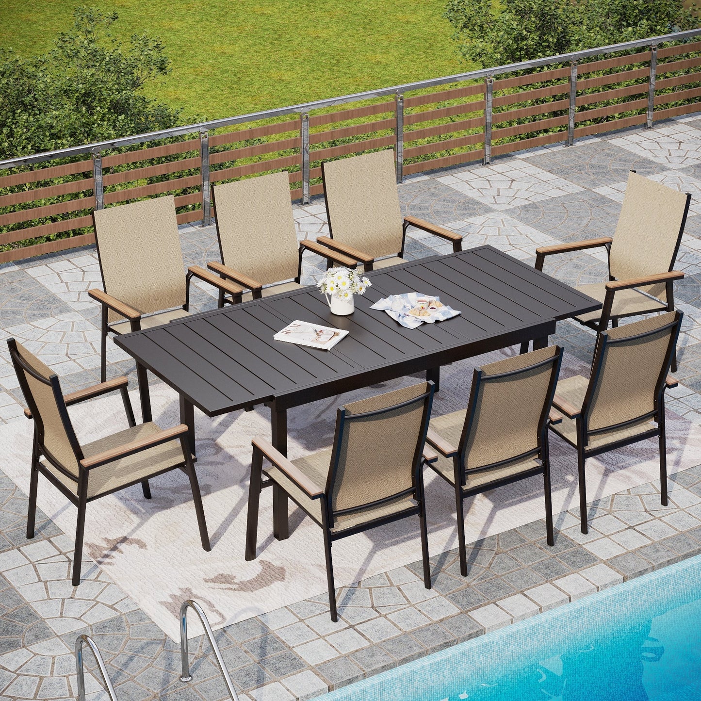 Alpha Joy Outdoor Patio Dining Set with 84 Expandable Table & Textilene Chairs for 8, Beige