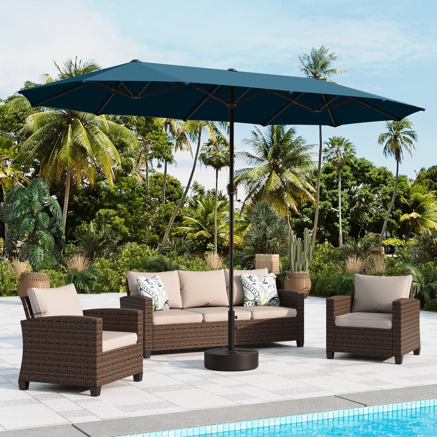 Alpha Joy 13ft Rectangle Double-Sided Extra Large Outdoor Patio Market Umbrella with 19.69'' Round Base, Cerulean