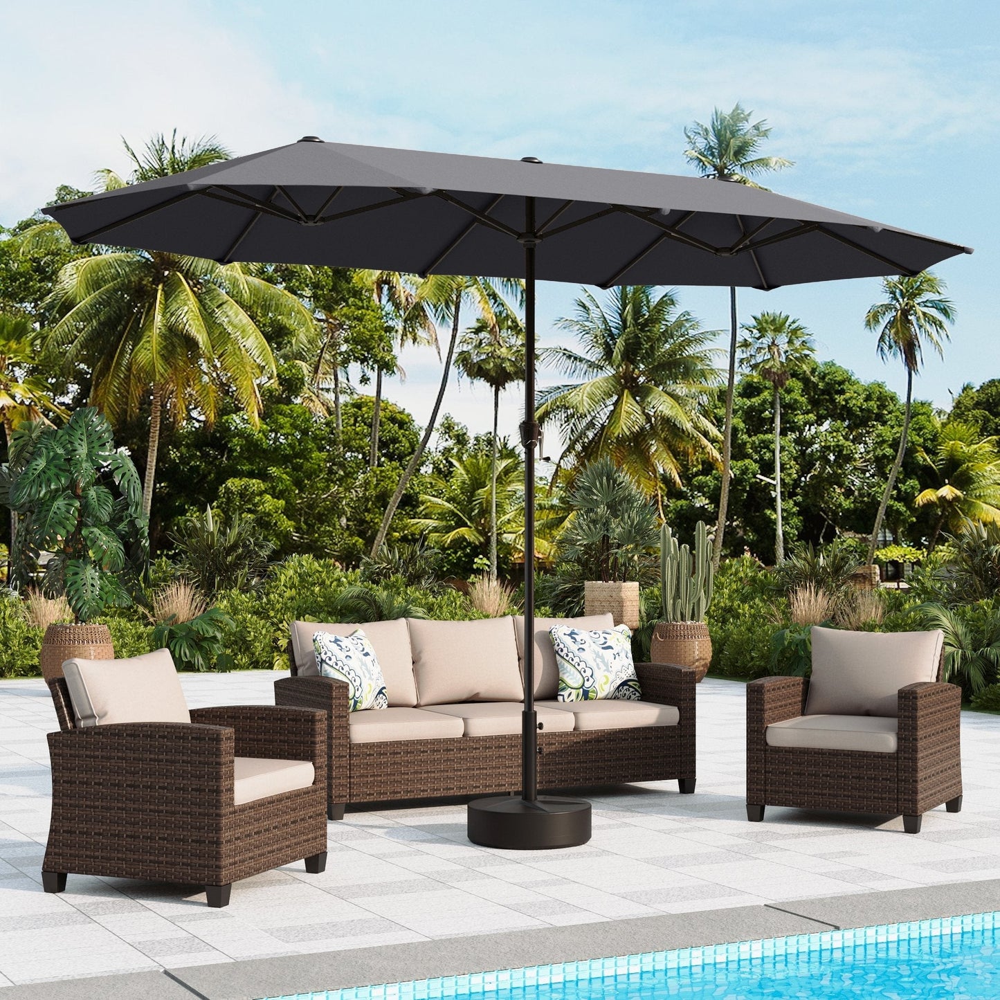 Alpha Joy 13ft Rectangle Double-Sided Extra Large Outdoor Patio Market Umbrella with 19.69'' Round Base, Smoky Gray