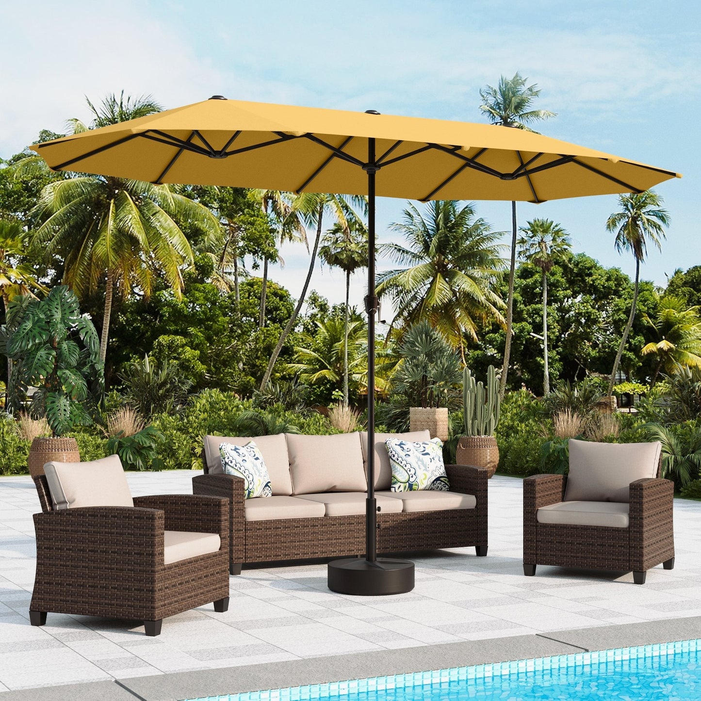 Alpha Joy 13ft Rectangle Double-Sided Extra Large Outdoor Patio Market Umbrella with 19.69'' Round Base, Gold Yellow