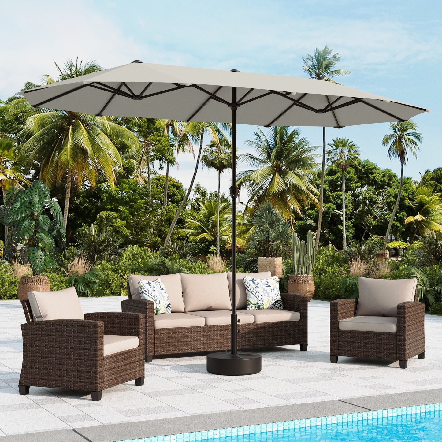 Alpha Joy 13ft Rectangle Double-Sided Extra Large Outdoor Patio Market Umbrella with 19.69'' Round Base, Ivory