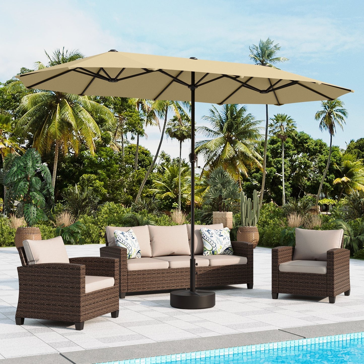 Alpha Joy 13ft Rectangle Double-Sided Extra Large Outdoor Patio Market Umbrella with 19.69'' Round Base, Beige