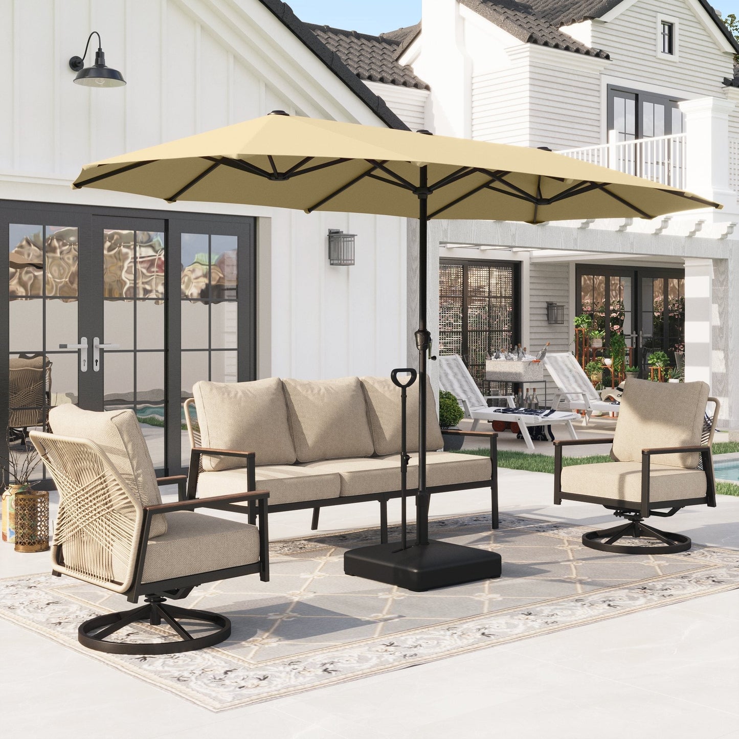 Alpha Joy 13ft Rectangle Double-Sided Extra Large Outdoor Patio Market Umbrella with 23.6'' Square Base, Beige