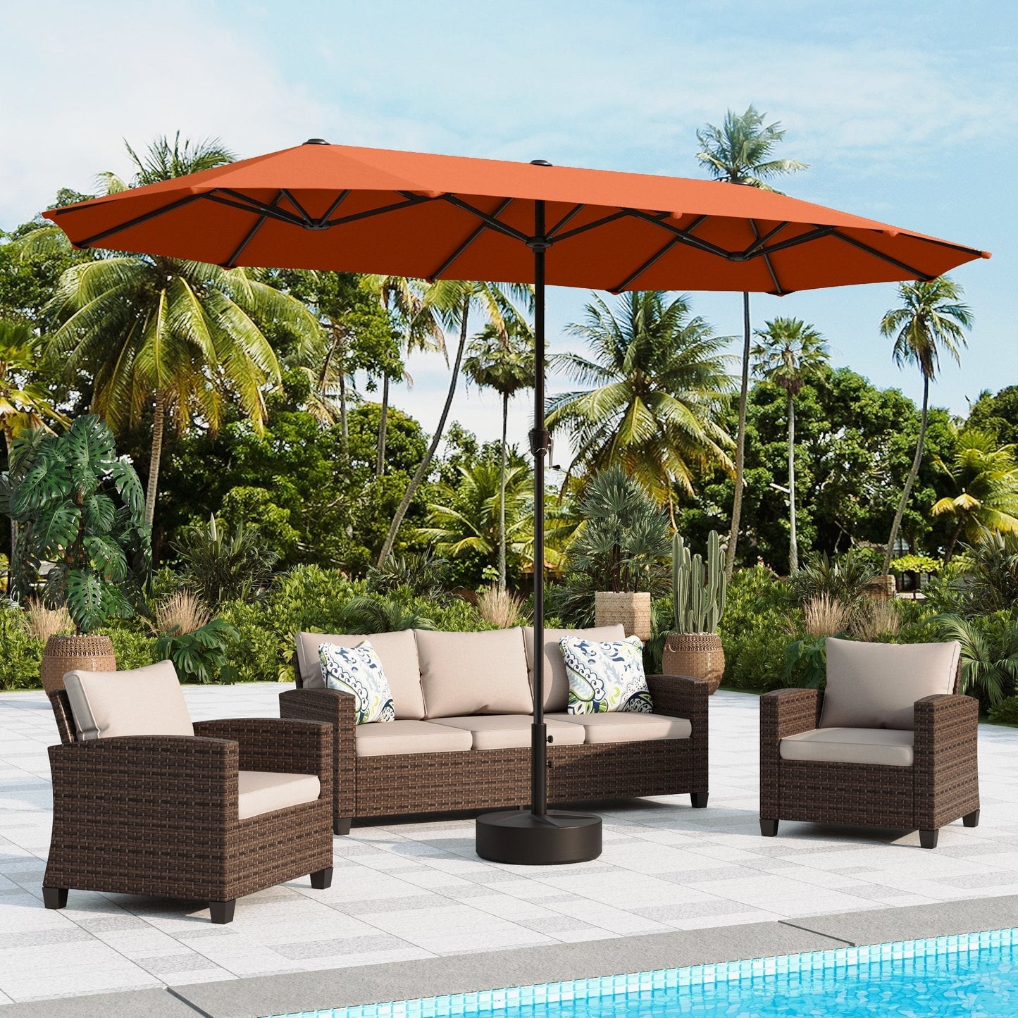 Alpha Joy 13ft Rectangle Double-Sided Extra Large Outdoor Patio Market Umbrella with 19.69'' Round Base, Orange Red