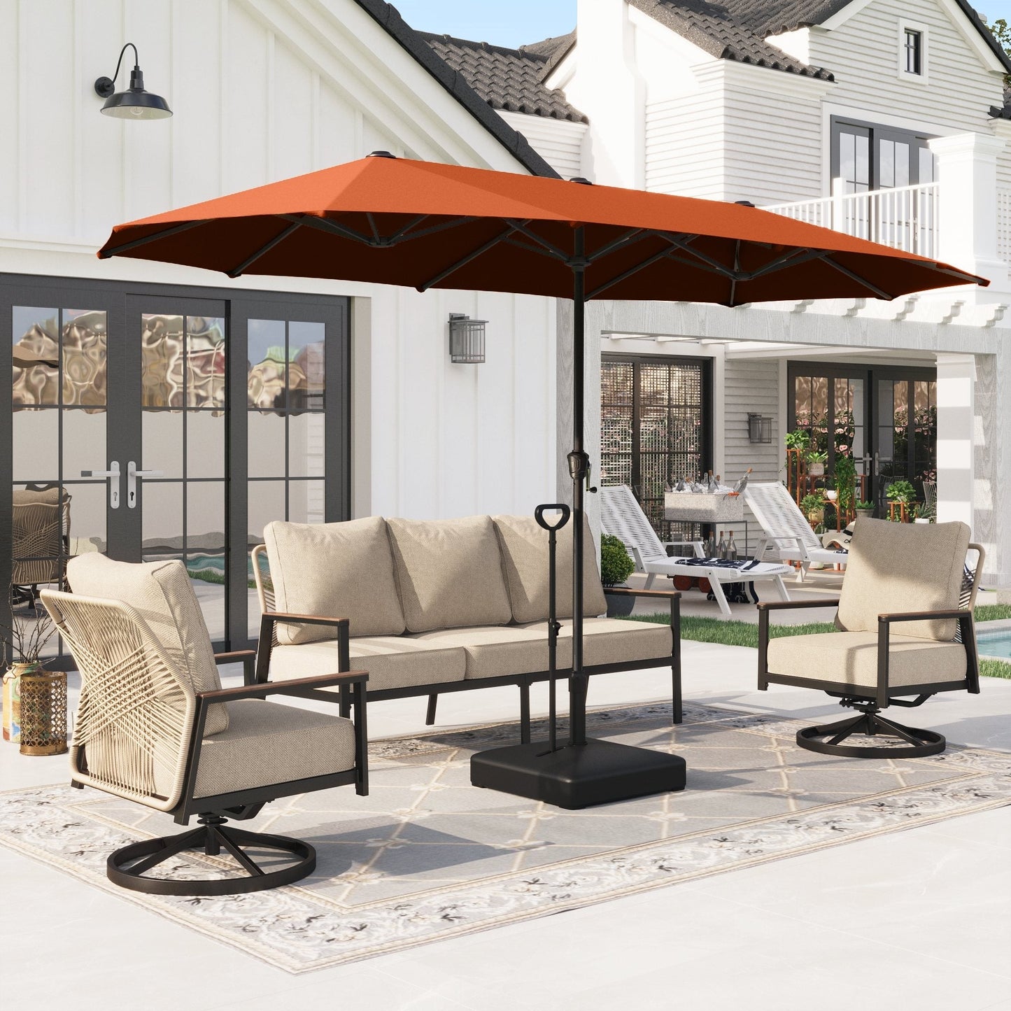 Alpha Joy 13ft Rectangle Double-Sided Extra Large Outdoor Patio Market Umbrella with 23.6'' Square Base, Orange Red