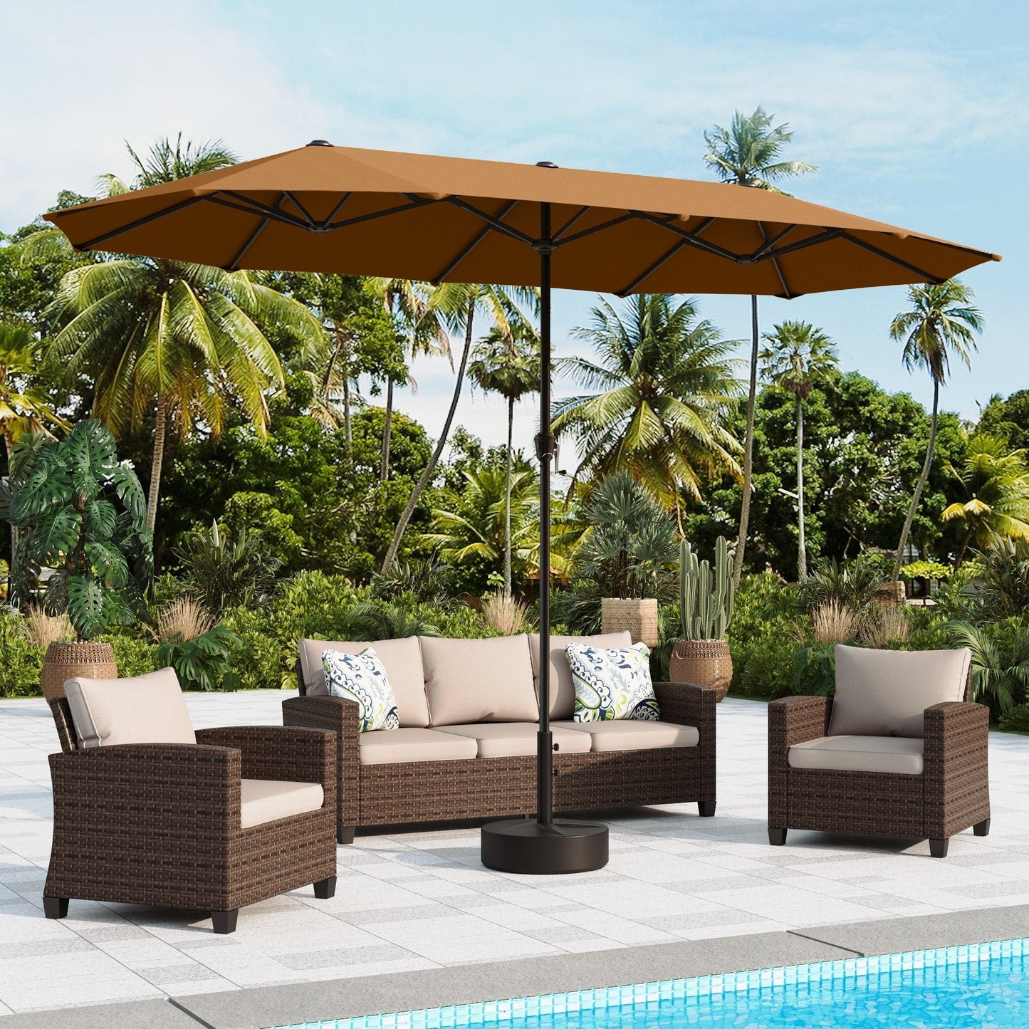 Alpha Joy 13ft Rectangle Double-Sided Extra Large Outdoor Patio Market Umbrella with 19.69'' Round Base, Tawny