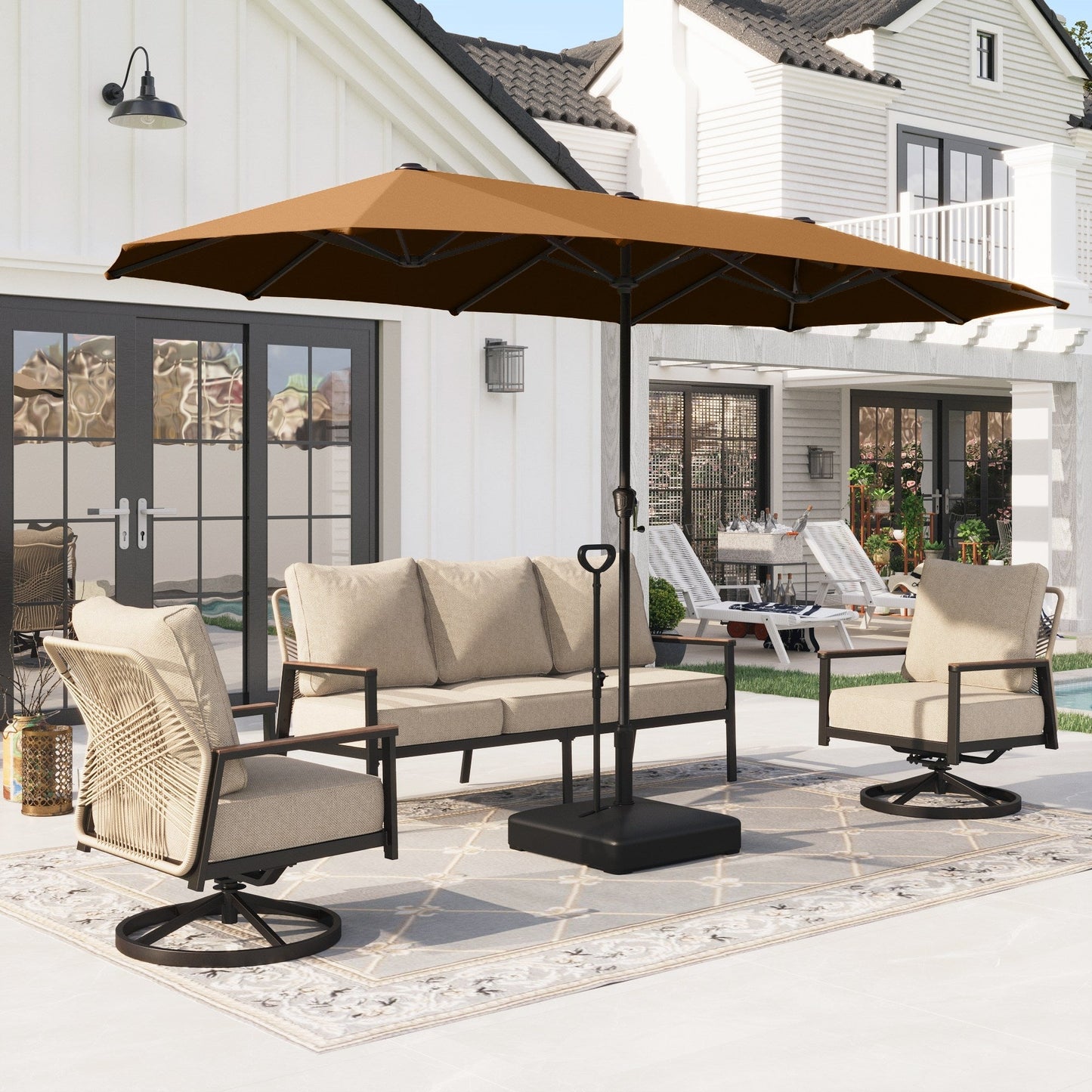 Alpha Joy 13ft Rectangle Double-Sided Extra Large Outdoor Patio Market Umbrella with 23.6'' Square Base, Tawny
