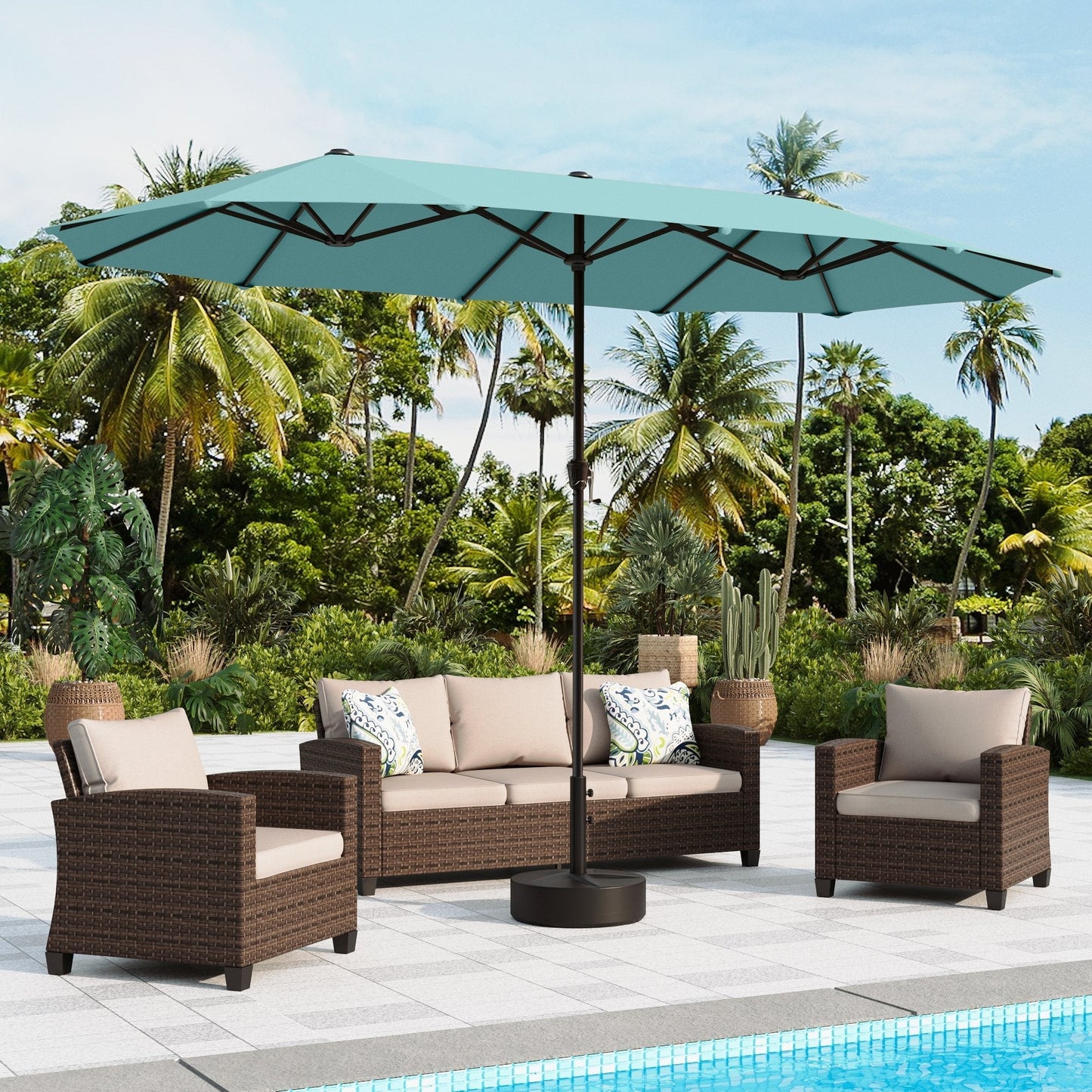 Alpha Joy 13ft Rectangle Double-Sided Extra Large Outdoor Patio Market Umbrella with 19.69'' Round Base, Beige