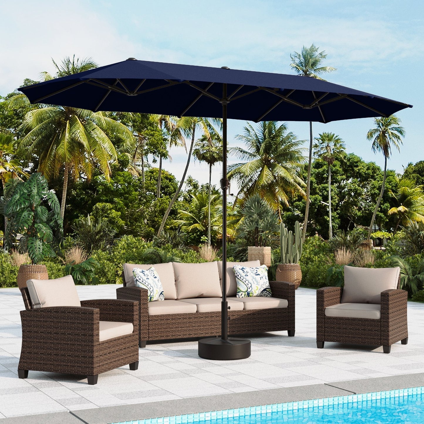Alpha Joy 13ft Rectangle Double-Sided Extra Large Outdoor Patio Market Umbrella with 19.69'' Round Base, Navy Blue