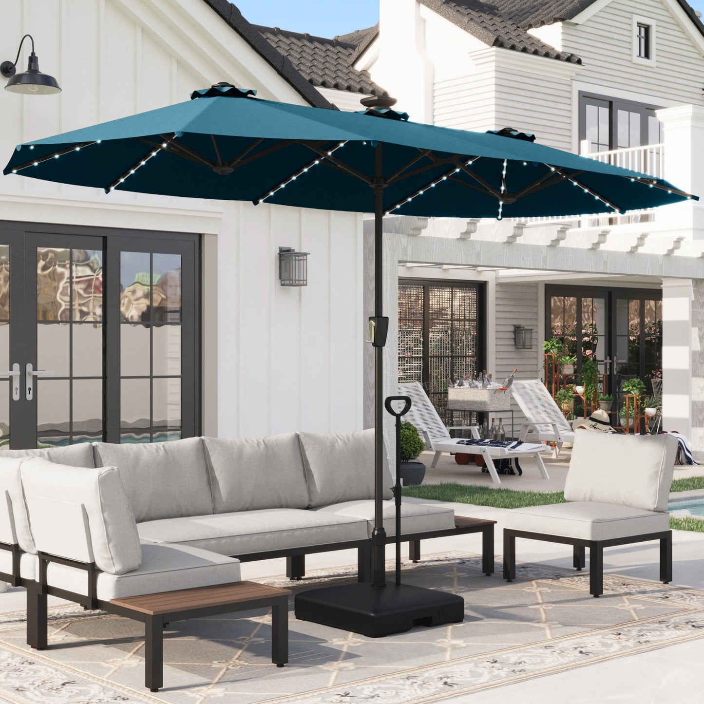 Alpha Joy 13ft Large Outdoor Patio Double-Sided Umbrella with Colorful Solar Lights & Large Square HDPE Umbrella Base, Cerulean