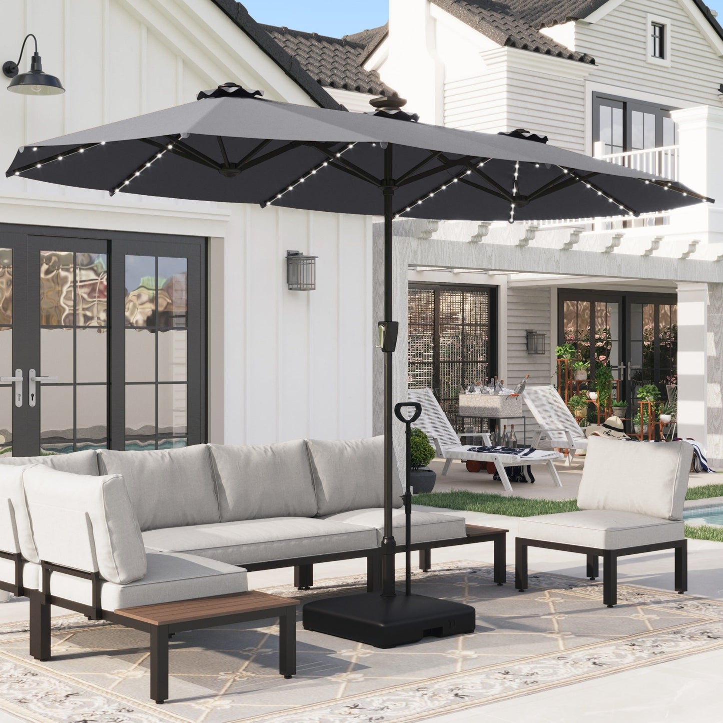 Alpha Joy 13ft Large Outdoor Patio Double-Sided Umbrella with Colorful Solar Lights & Large Square HDPE Umbrella Base, Smoky Gray