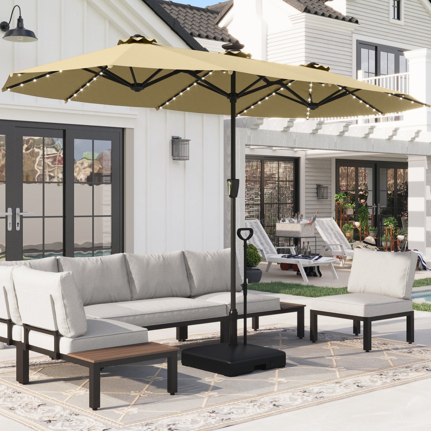 Alpha Joy 13ft Large Outdoor Patio Double-Sided Umbrella with Colorful Solar Lights & Large Square HDPE Umbrella Base, Beige