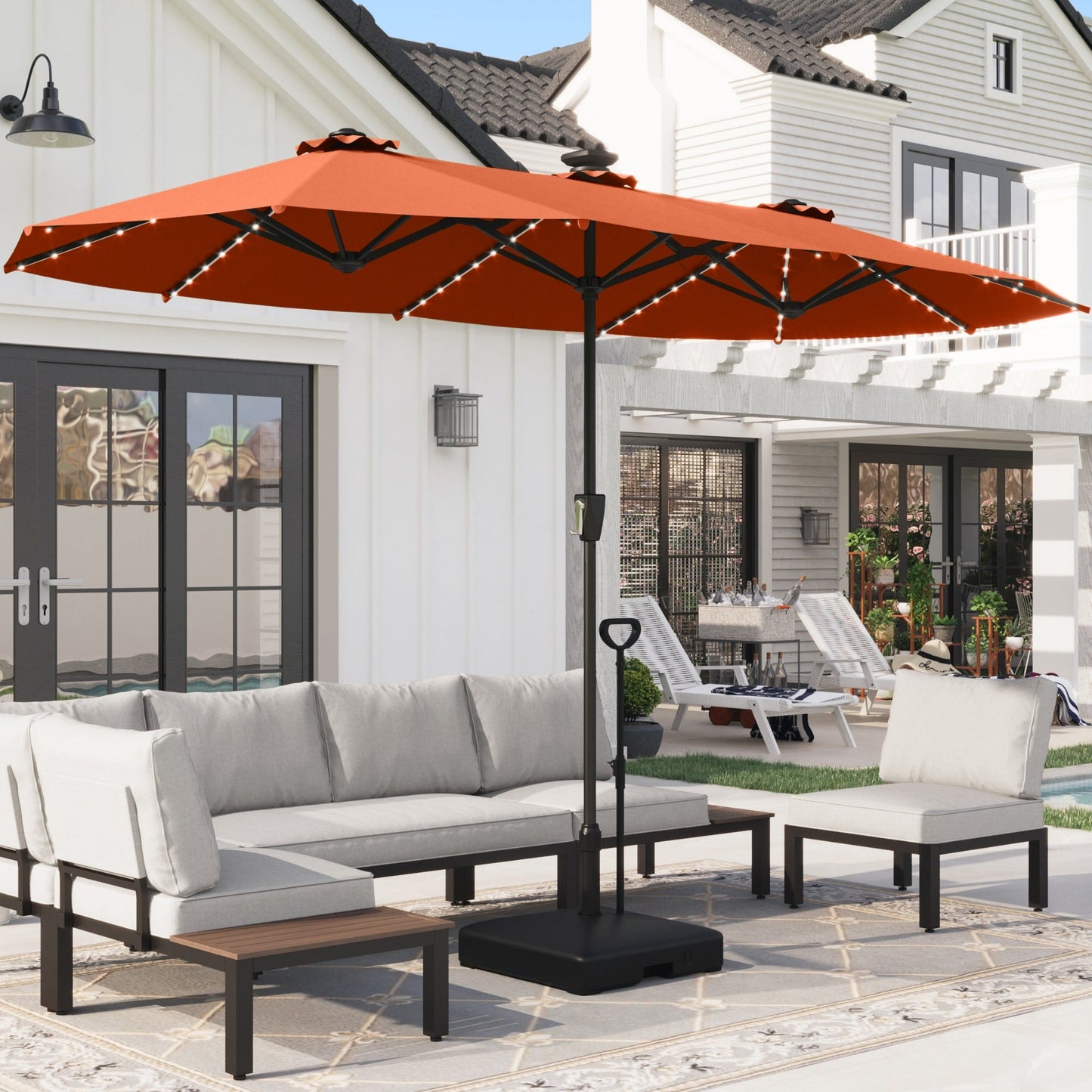 Alpha Joy 13ft Large Outdoor Patio Double-Sided Umbrella with Colorful Solar Lights & Large Square HDPE Umbrella Base, Burgundy