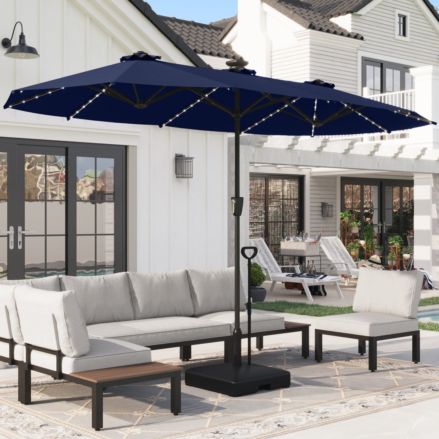 Alpha Joy 13ft Large Outdoor Patio Double-Sided Umbrella with Colorful Solar Lights & Large Square HDPE Umbrella Base, Navy Blue