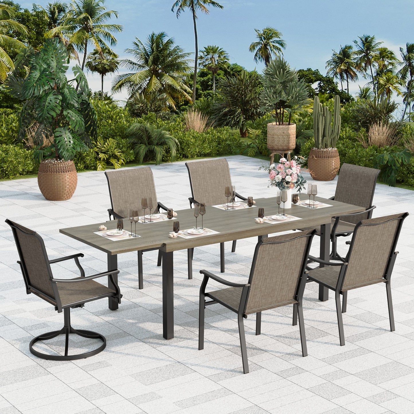 Sophia & William 7 Pieces Outdoor Patio Dining Set Fixed & Swivel Textilene Chairs and Extendable Wooden Texture Metal Table Set for 6