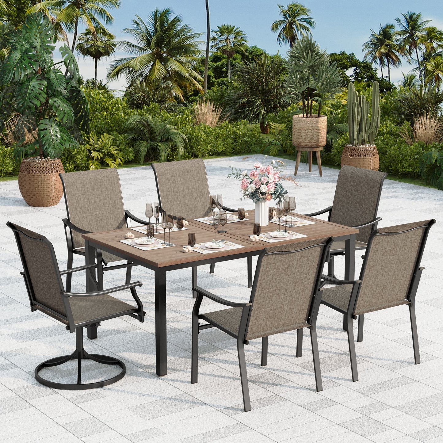 Sophia & William 7-Piece Outdoor Metal Patio Dining Set 4 Fixed & 2 Swivel Textilene Chairs and Teak-grain Table Set for 6
