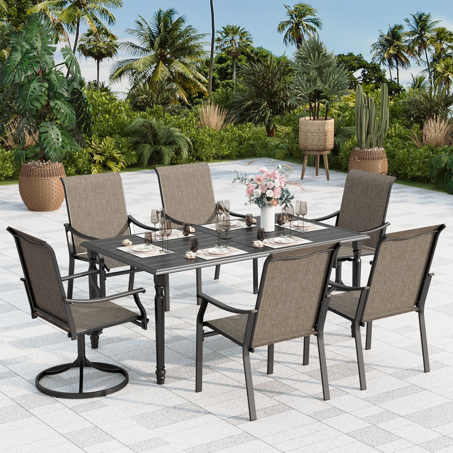 Sophia & William 7-Piece Outdoor Metal Patio Dining Set Textilene Chairs and 60'' Rectangle Table Set for 6
