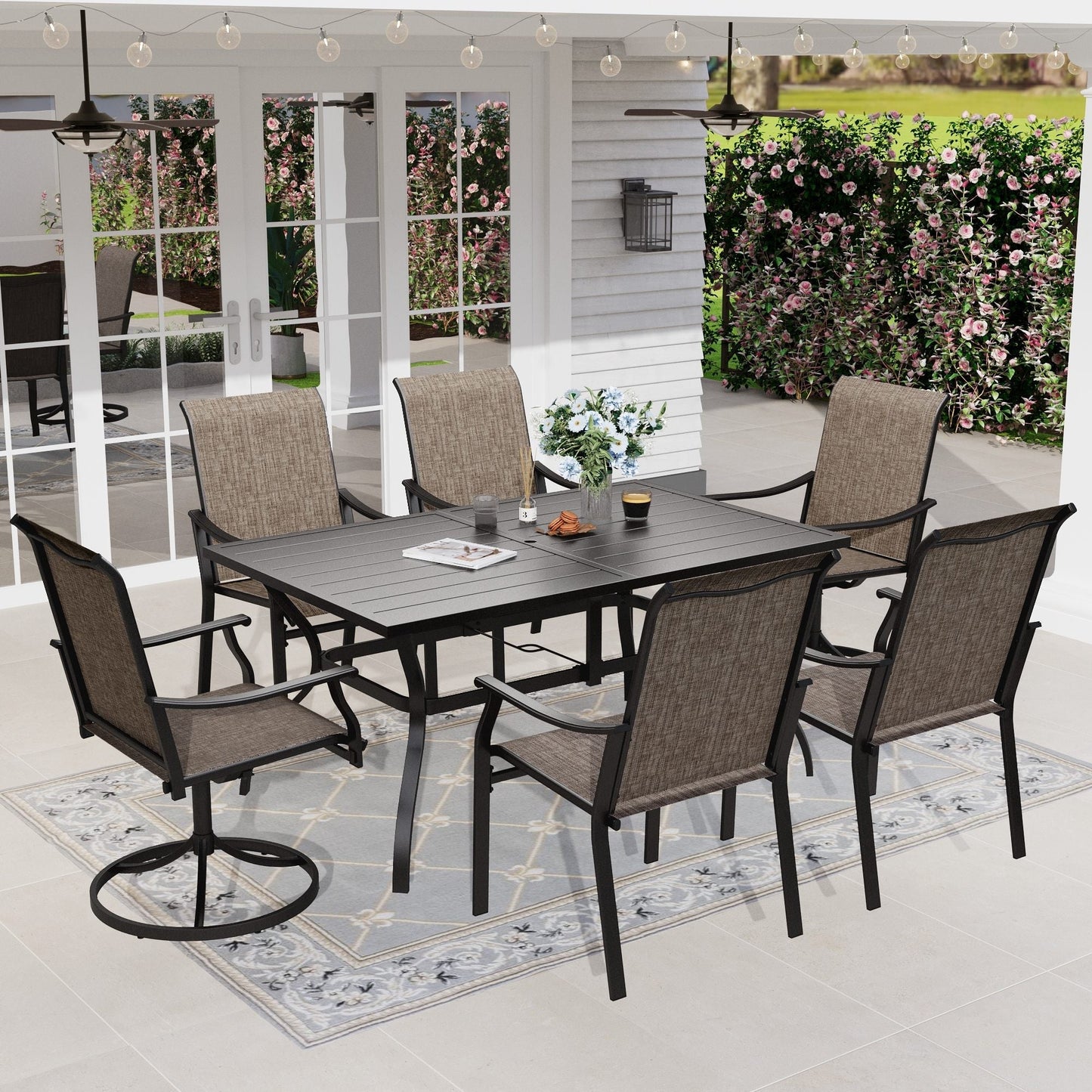 Sophia & William 7 Pieces Outdoor Patio Textilene Dining Set with 2 Swivel Chairs, 4 Fixed Chairs and 1pc Metal Table for 6-person