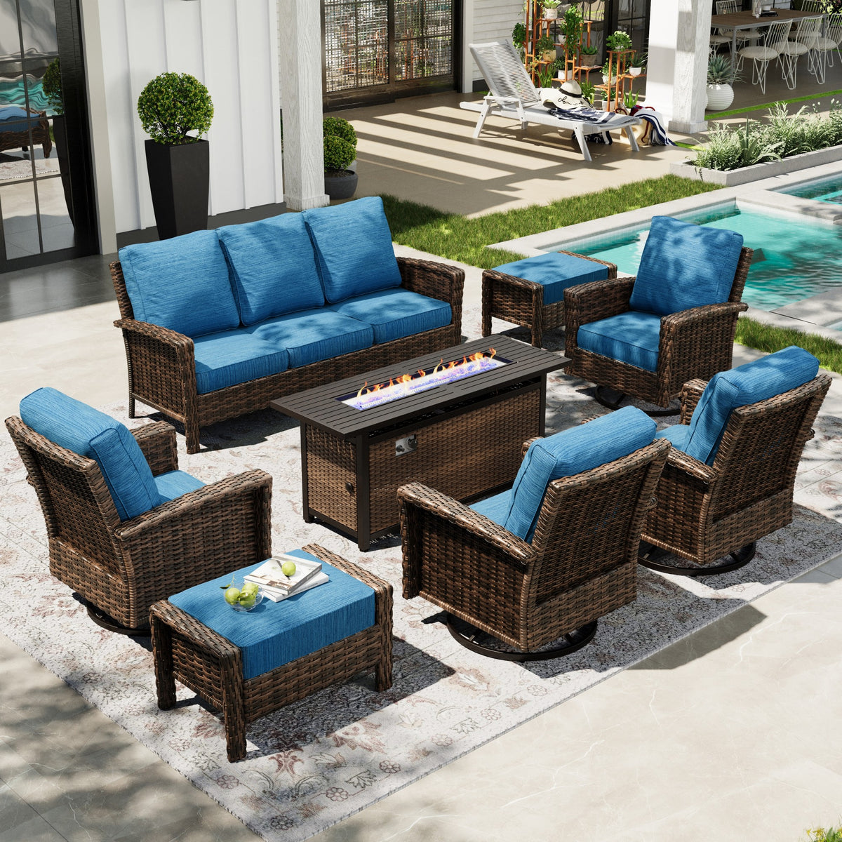 Sophia & William 8 Pieces Patio Furniture Set with 56" Fire Pit Table, High Back Swivel Chairs and 5.5" Thickened Cushions
