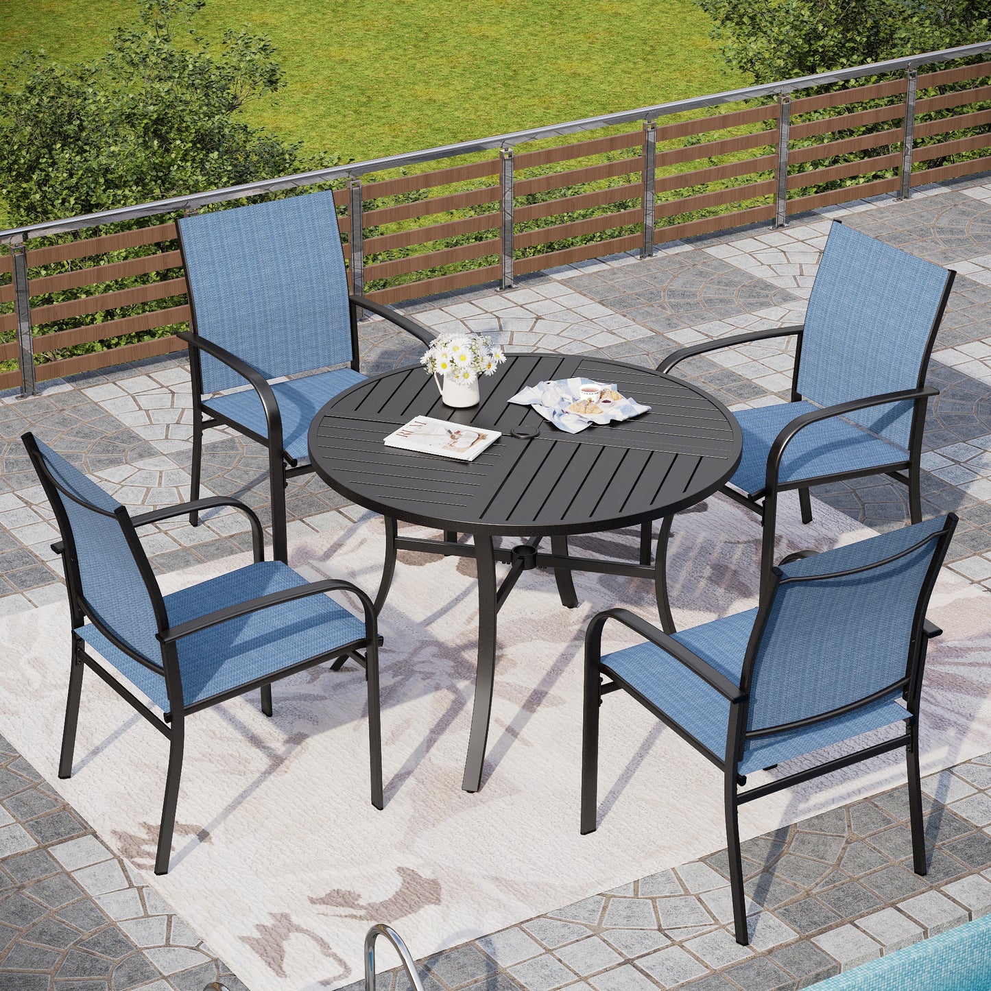 Sophia & William 5 Piece Patio Metal Dining Set Round Table and 4 Textilene Chairs-Blue