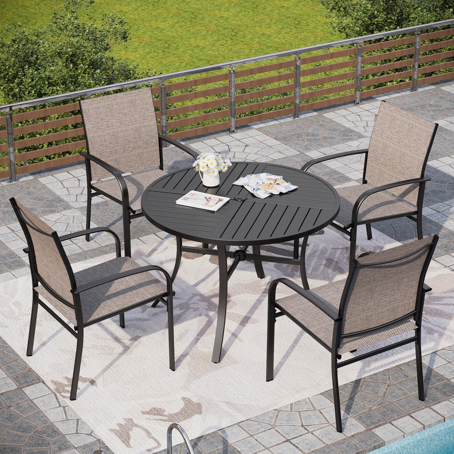 Sophia & William 5 Piece Patio Metal Dining Set Round Table and 4 Textilene Chairs-Brown