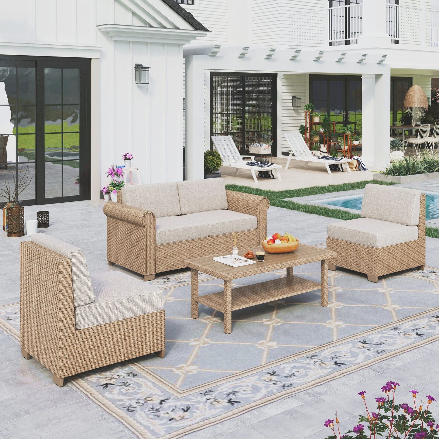 Sophia & William 5 Pieces Wicker Patio Furniture Set 4-Seat Outdoor Conversation Set with Coffee Table, Beige