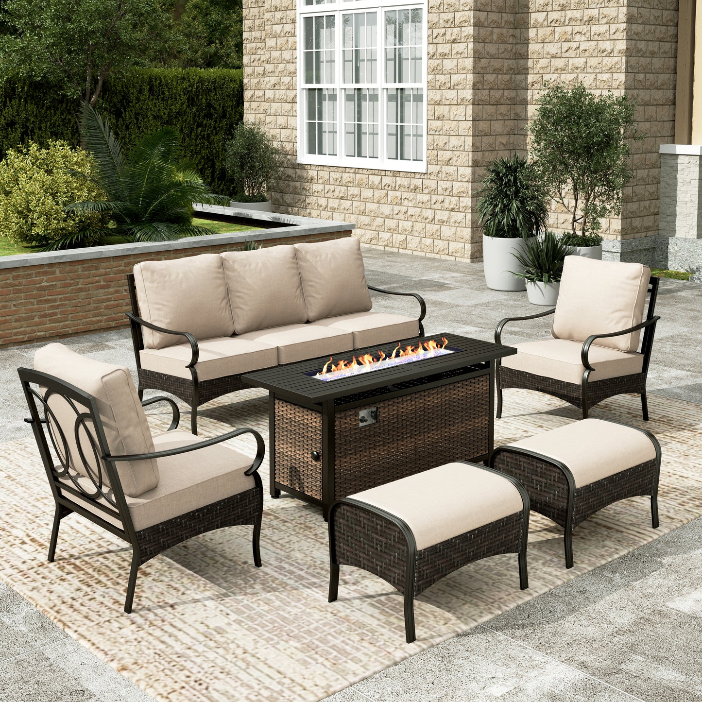 Sophia & William 6 Piece Outdoor Conversation Set 7-Seat Steel Patio Wicker Rattan Furniture Set with 56" Fire Pit Table