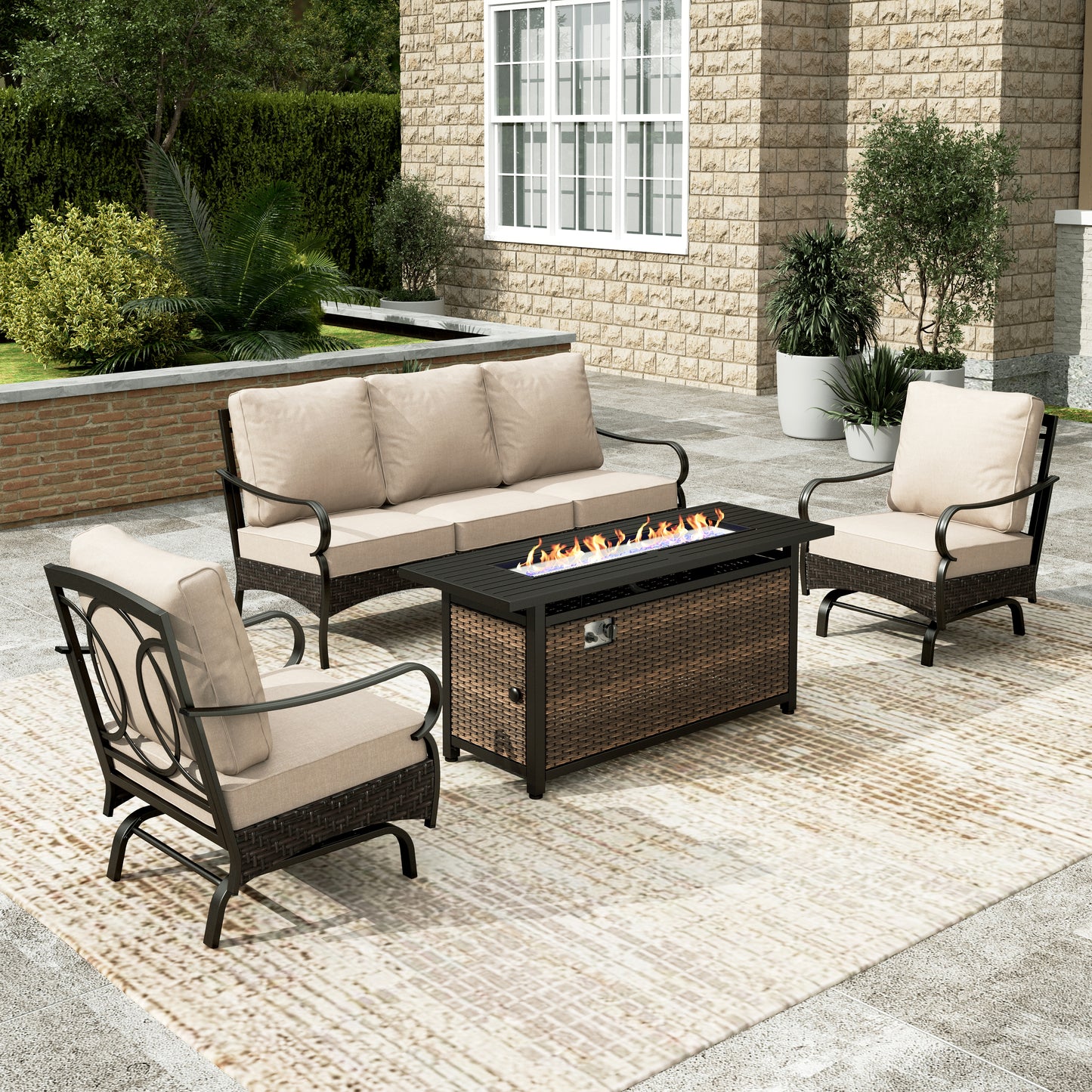 Sophia & William 4 Piece Steel Patio Furniture Set 5-Seat Outdoor Conversation Set with 56" Fire Pit Table and Spring Rocking Chairs