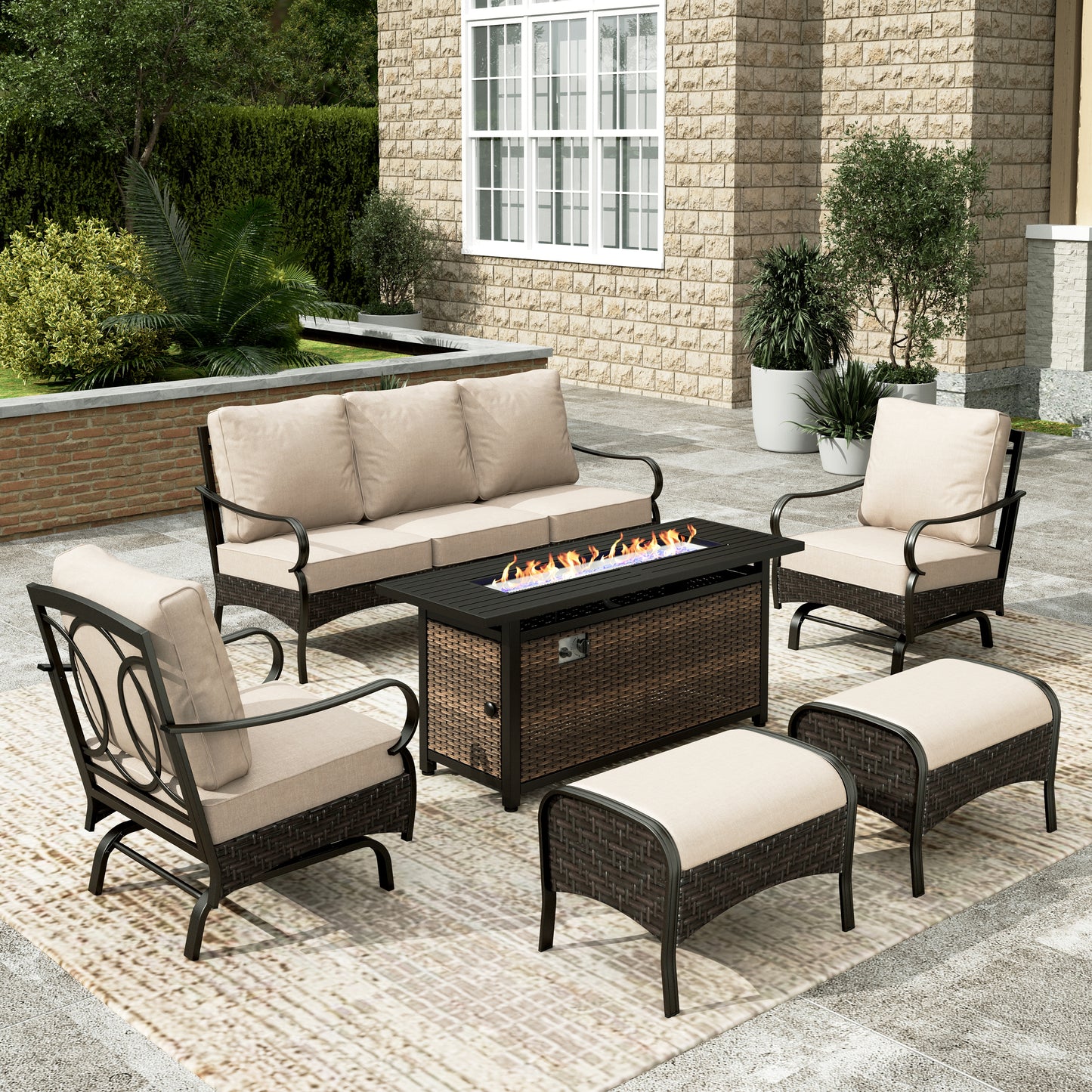 Sophia & William 6 Piece Steel Patio Furniture Set 7-Seat Outdoor Conversation Set with 56" Fire Pit Table and Spring Rocking Chairs