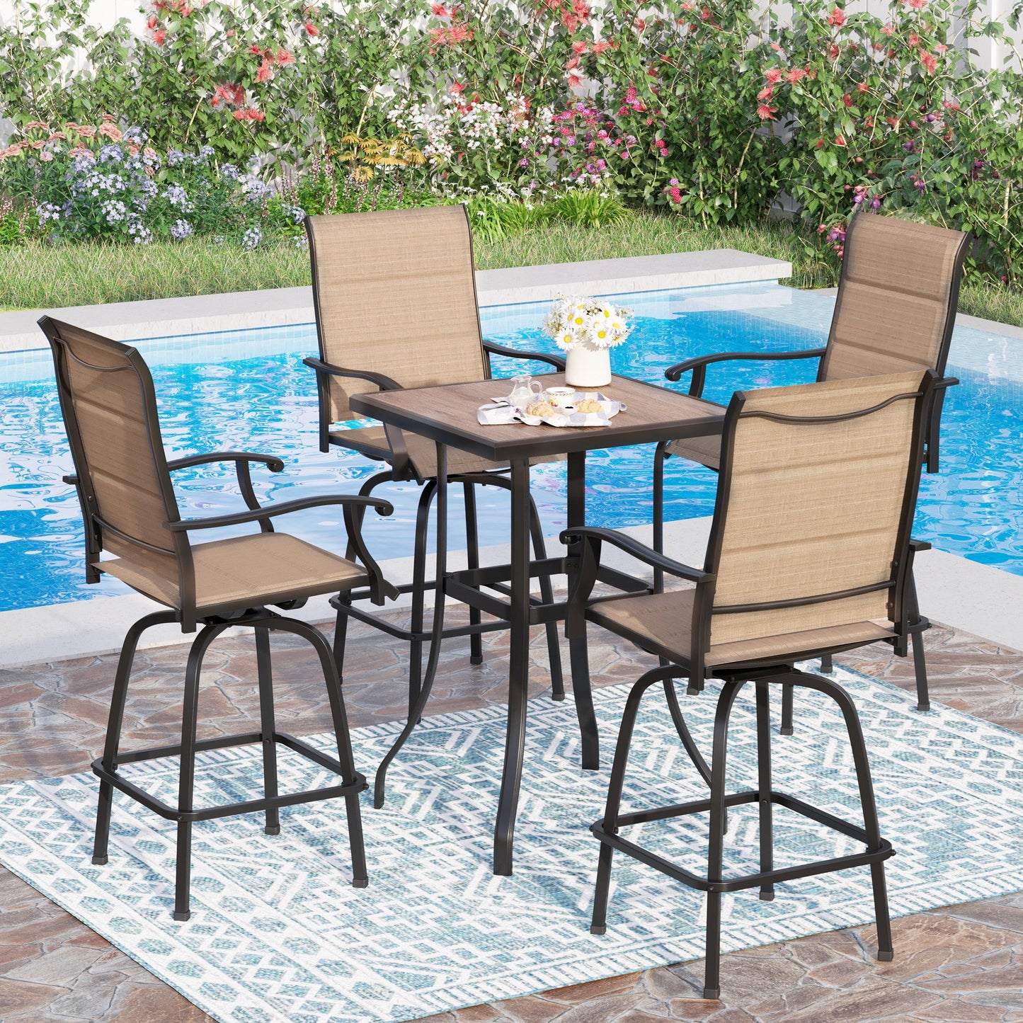 Sophia & William 5 Piece Outdoor Bar Set Patio Bar Height Swivel Padded Chairs and Table Set