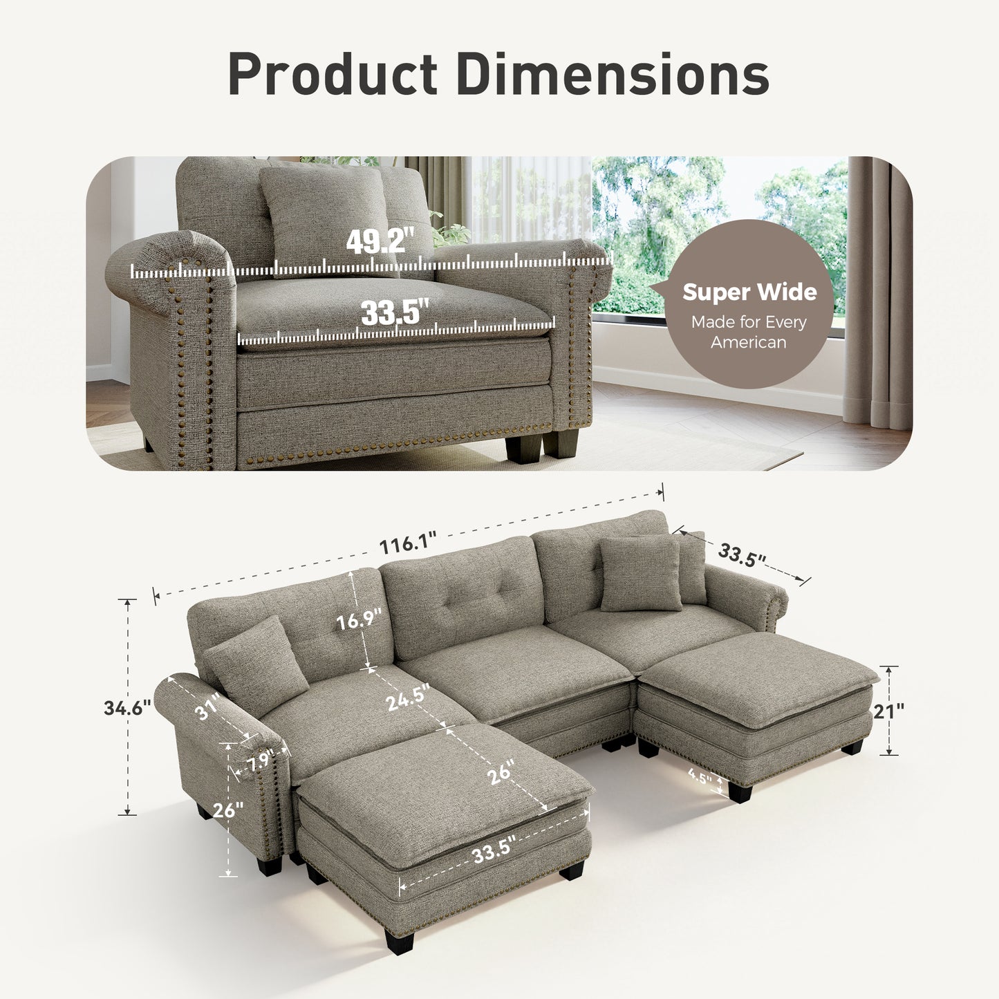 Sophia&William Sectional Sofa Couch Set, U-shaped Linen Cloud Couch 5-Seat Nailhead Trim Modular Sofa with 3 Pillows for Living Room, Gray