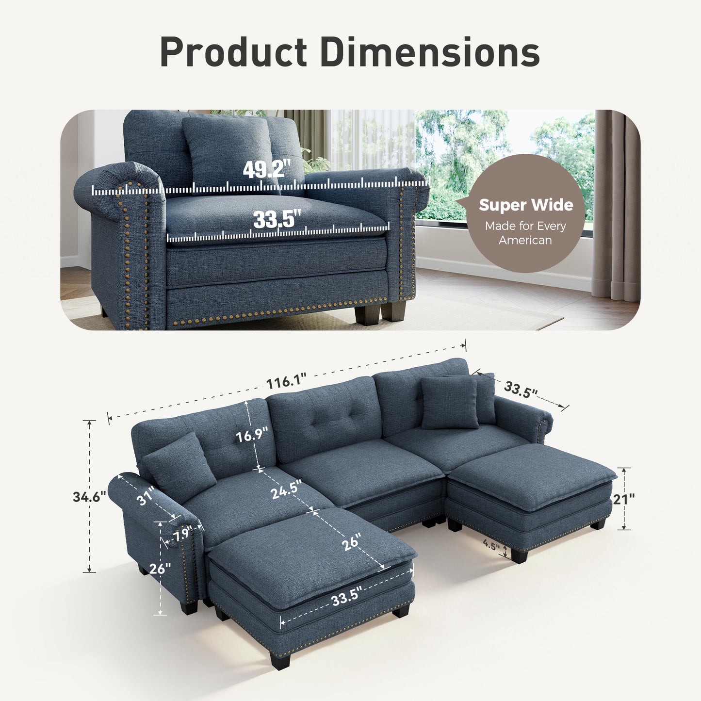Sophia&William Modular Sectional Sofa Set, U-shaped Linen Cloud Couch 5-Seat Nailhead Trim Cloud Sofa Set with 3 Pillows for Living Room, Cyan