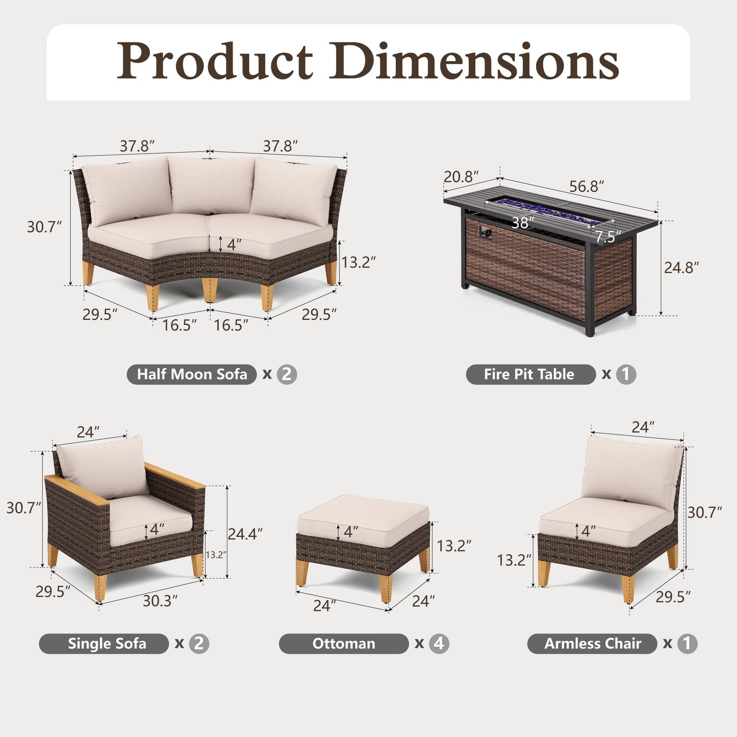 Alpha Joy 10 Pieces Outdoor Conversation Set with 56" Fire Pit Table Wicker Half-Moon Patio Furniture, Beige