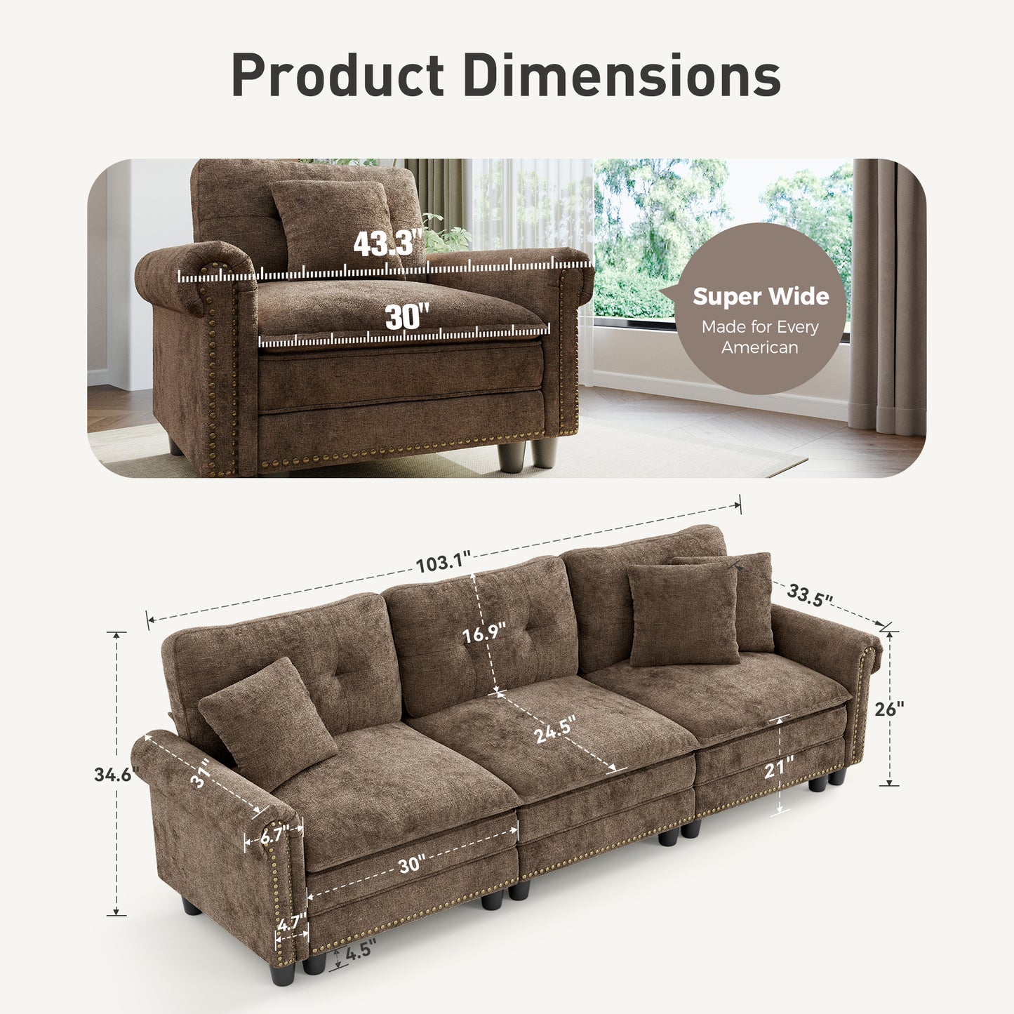 Sophia&William 3-Seat Sectional Sofa Set, Mid-Century Chenille Cloud Couch Modular Sofa with Nailhead Trim, 3 Pillows for Living Room Furniture Sets, Taupe