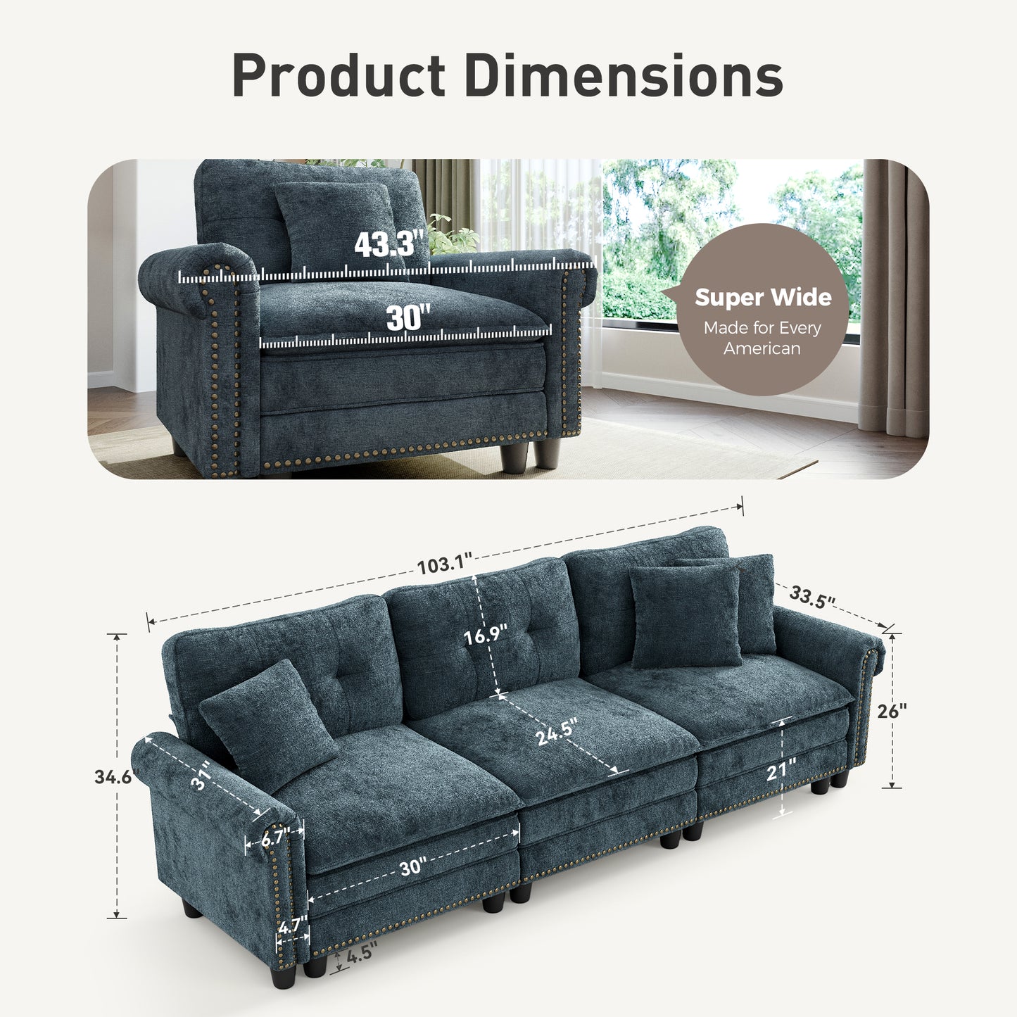 Sophia&William 3-Seat Sectional Sofa Set, Mid-Century Chenille Cloud Couch Modular Sofa with Nailhead Trim, 3 Pillows for Living Room Furniture Sets, Cyan