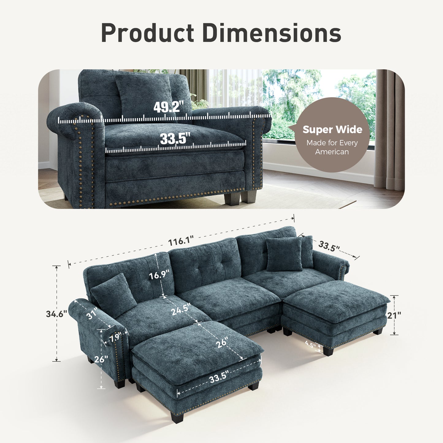 Sophia&William Sectional Sofa Set, Modern Chenille Cloud Couch 5-Seat Nailhead Trim Modular Sofa with 3 Pillows for Living Room, Blue