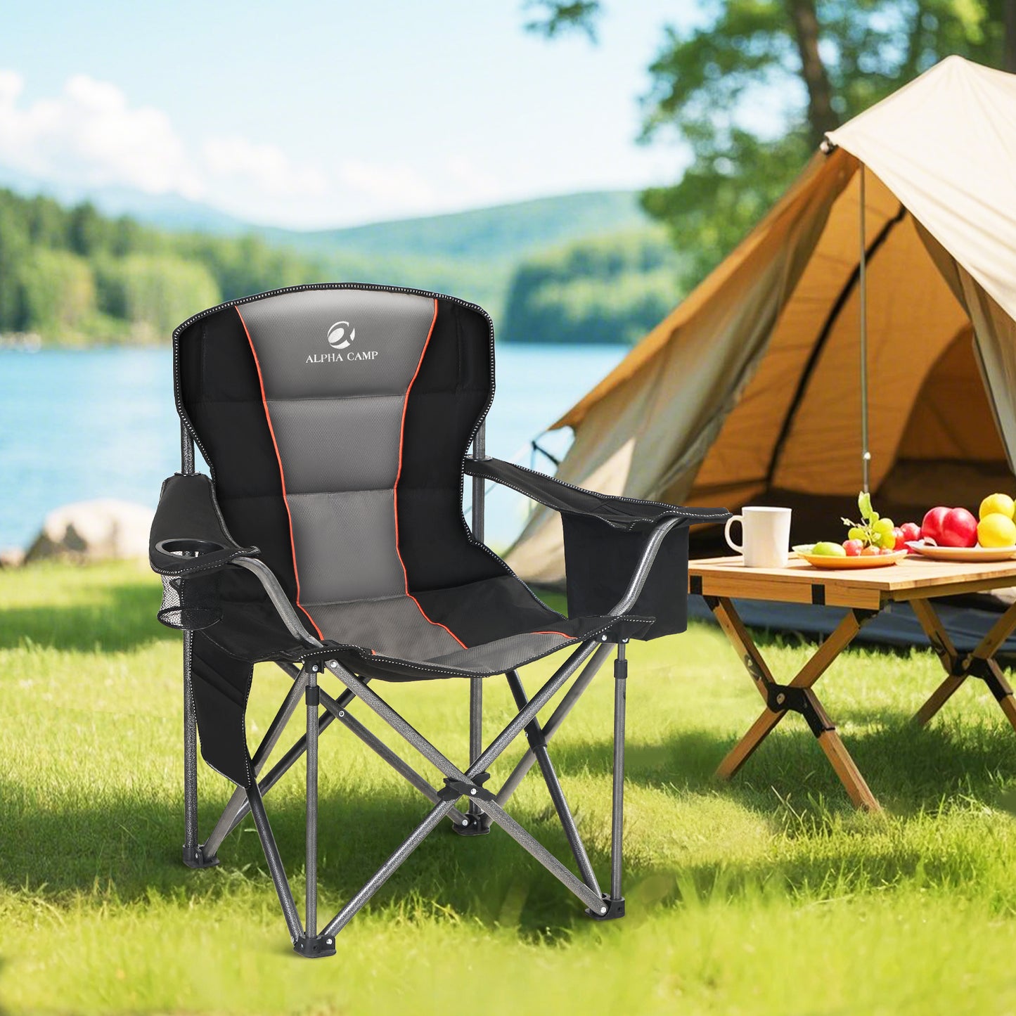 Sophia&William Outdoor Oversized Folding Camping Chair Supports 450Lbs, Black