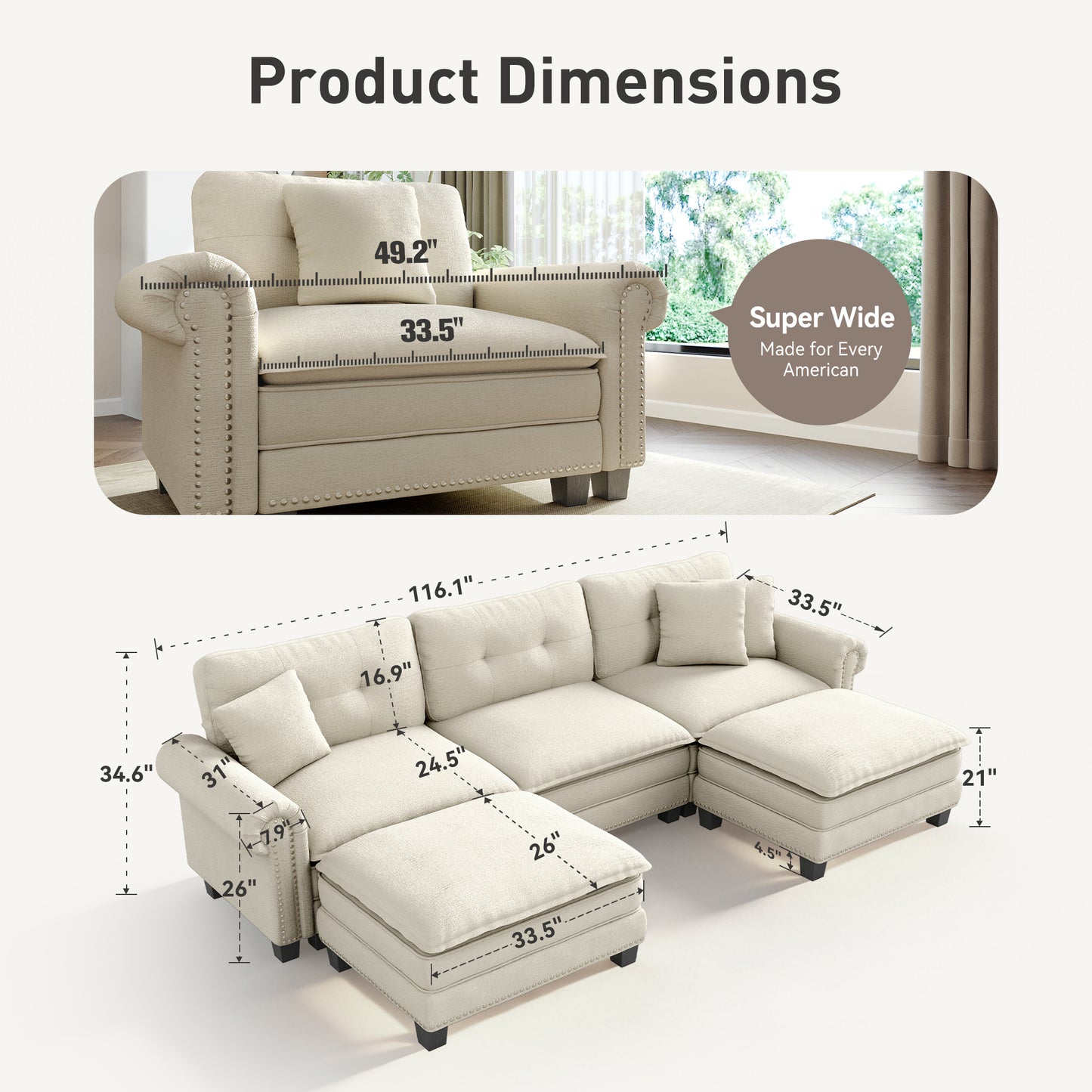 Sophia&William Sectional Sofa Set, U-shaped Chenille Cloud Couch 5-Seat Nailhead Trim Modular Sofa with 3 Pillows for Living Room, White