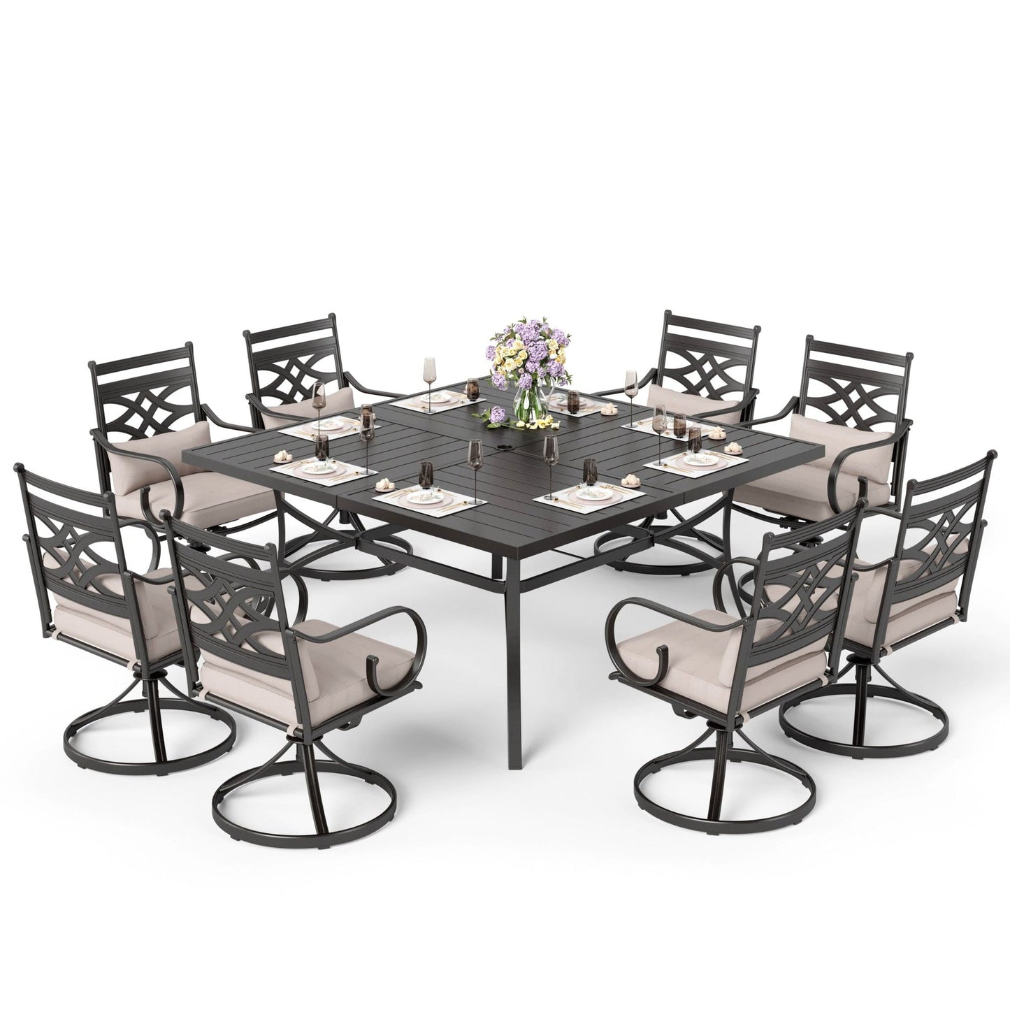 Sophia & William 9 Piece Outdoor Metal Patio Dining Set 60" Square Table and Cushioned Swivel Chairs Furniture Set