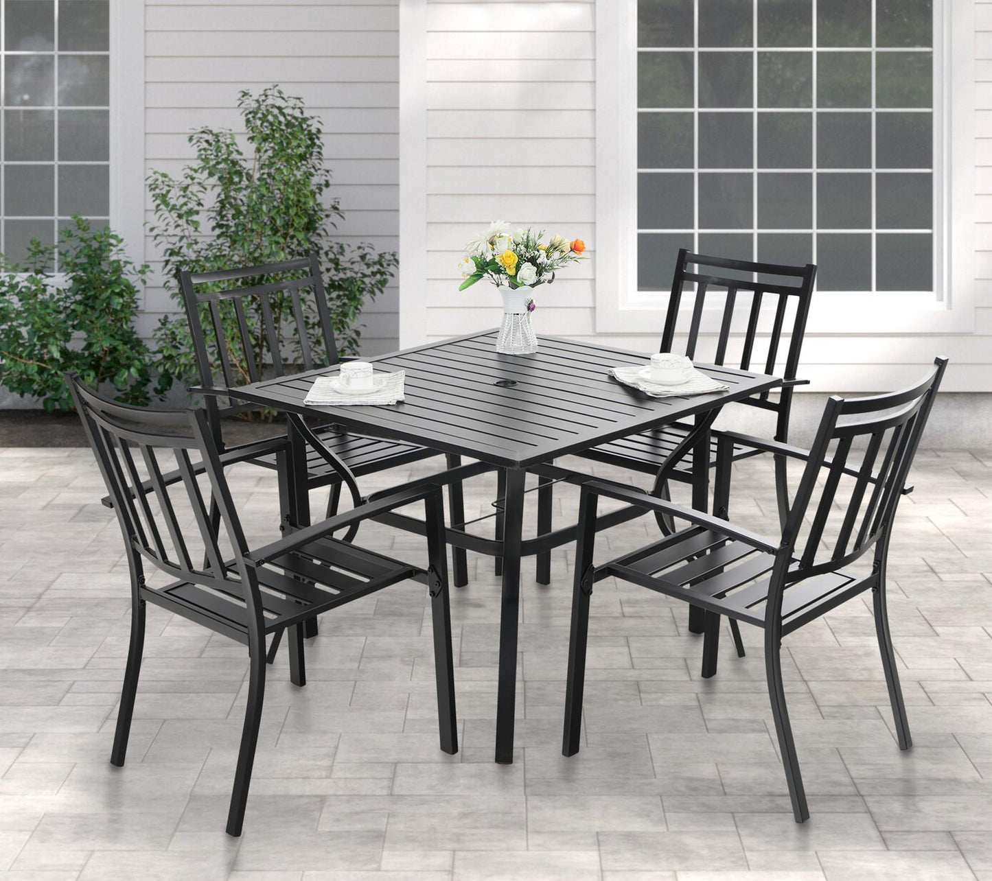Sophia & William 5 Pcs Metal Patio Dining Set with 4 Stackable Chairs and Table in Black