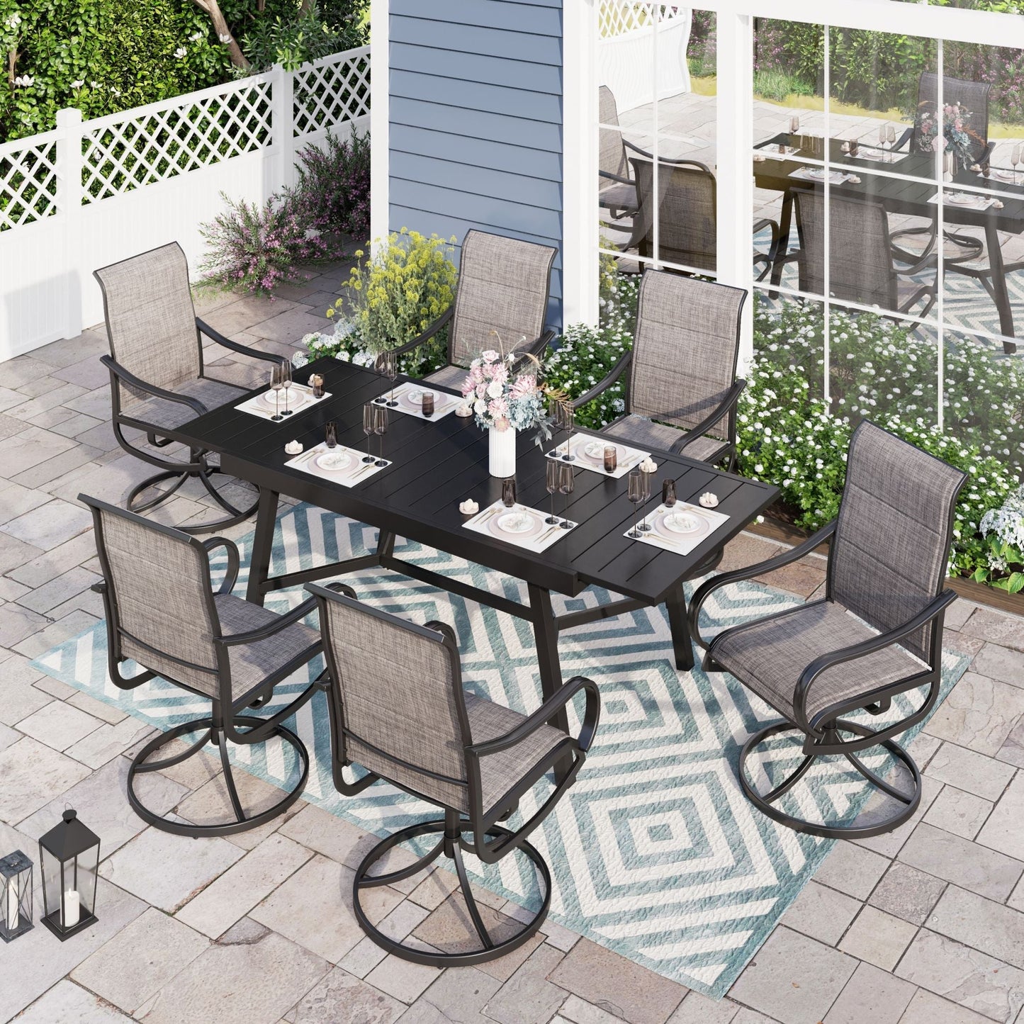 Sophia & William 7 Pieces Metal Outdoor Patio Dining Set with Gray Padded Textilene Swivel Chairs and Black Extendable Table